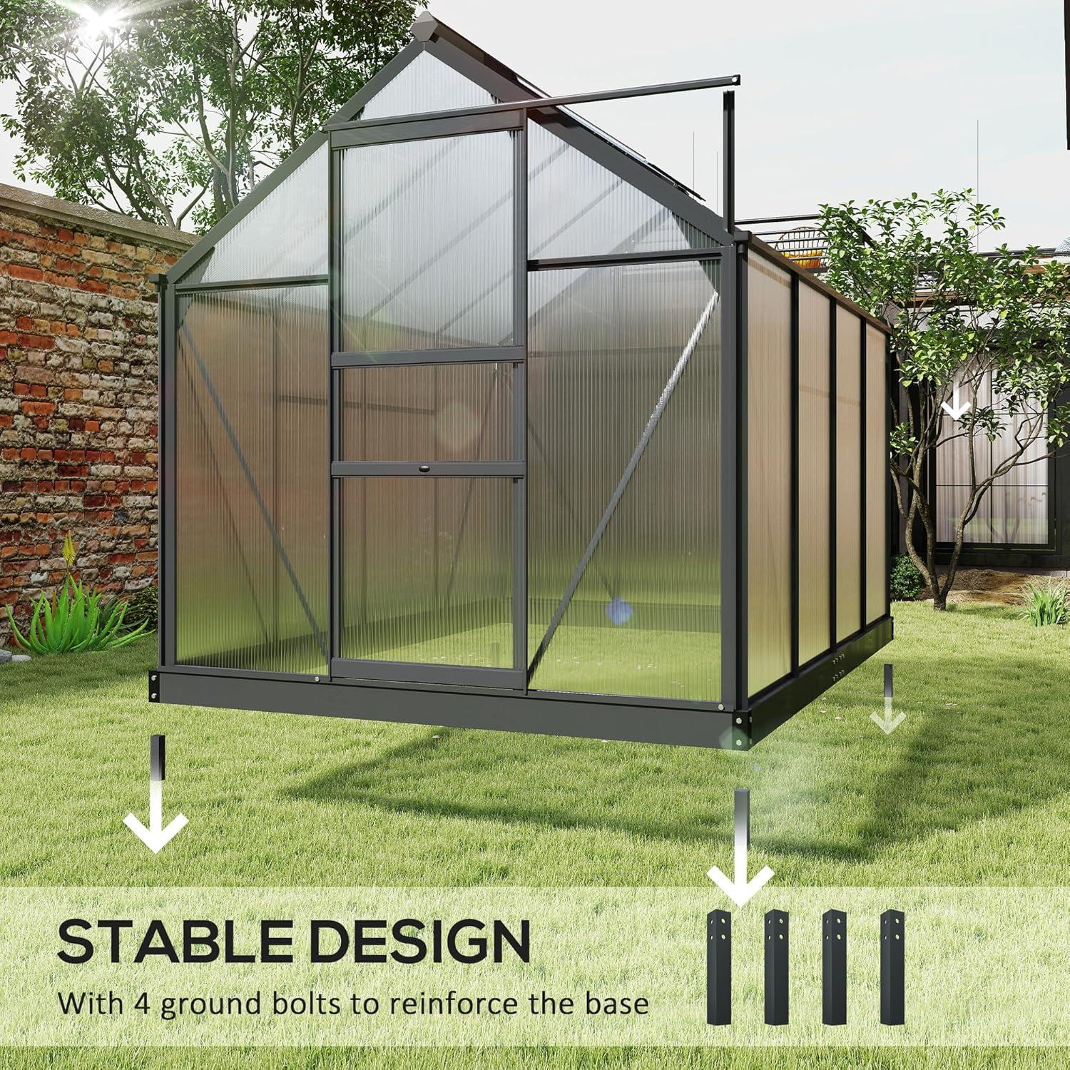 Outsunny 6' x 8' Greenhouse for Outdoors, Polycarbonate Greenhouse with Rain Gutter and Roof Vent, Aluminum Walk-in Green Houses for Outside for Patio Backyard Garden, Gray