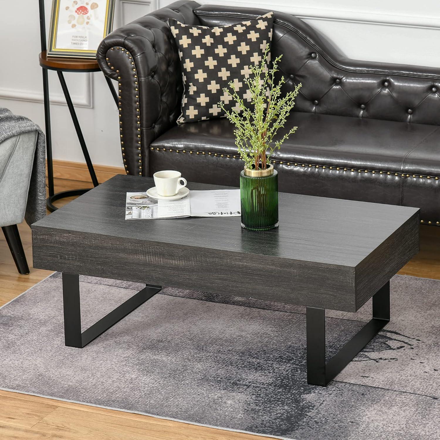 HomCom Industrial Coffee Table with Storage Drawer & Solid Metal Frame, Dark Grey
