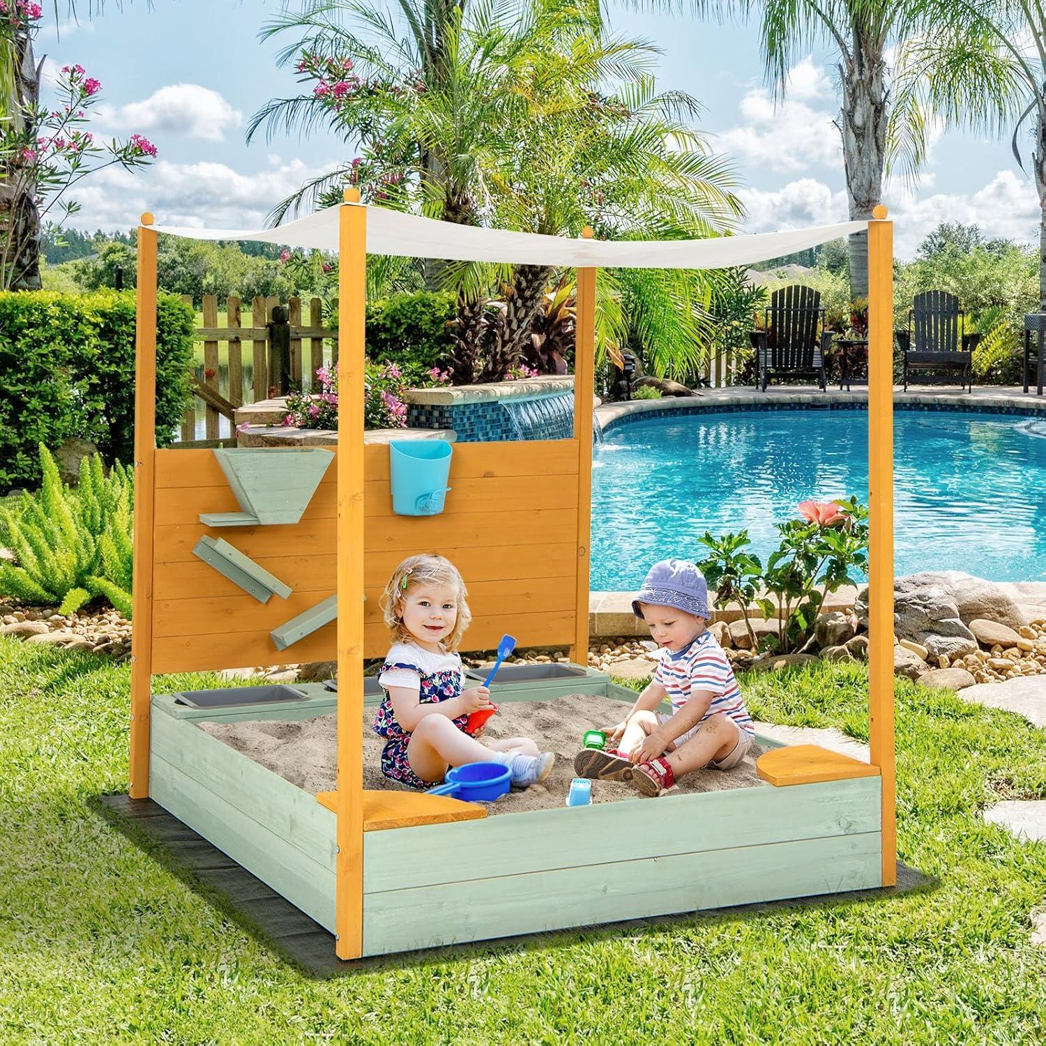 CIPACHO Kids Sandbox with Sand Wall w/ Removable Canopy for Kids 3-8, Kids Wooden Sandbox with Cover for Backyard Garden, Kids Outdoor Play Equipment