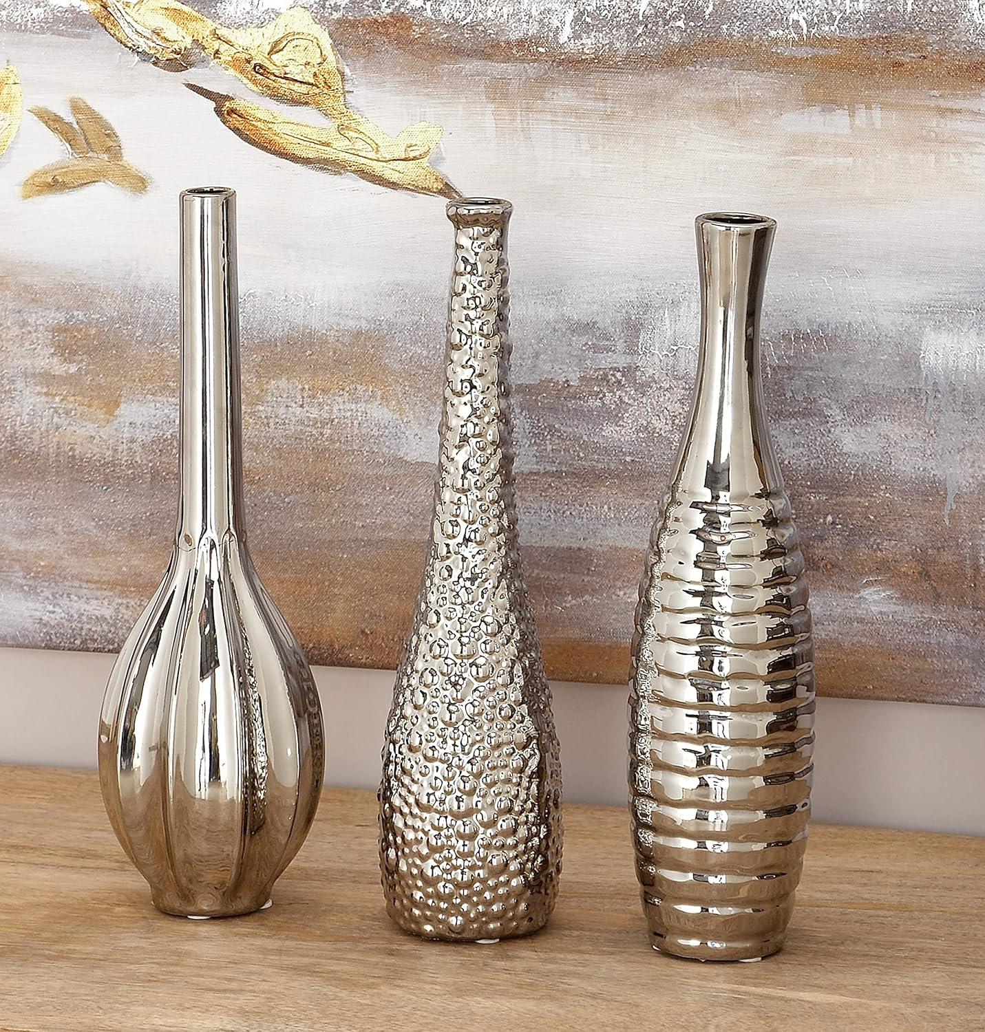 Elegant Trio Silver Ceramic Vase Set with Textured Finish