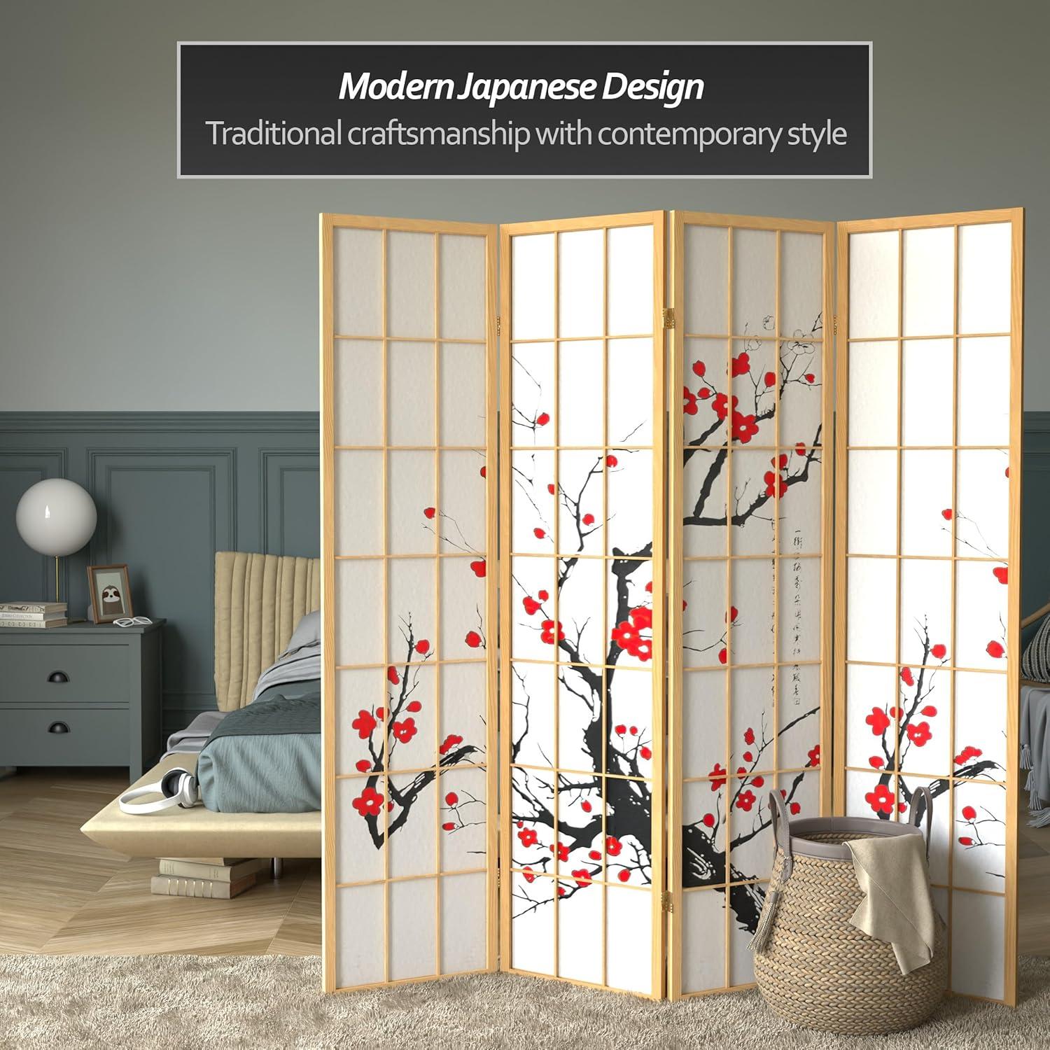 Oriental Furniture 6 Ft Tall Flower Blossom Room Divider, natural color, 4 panel