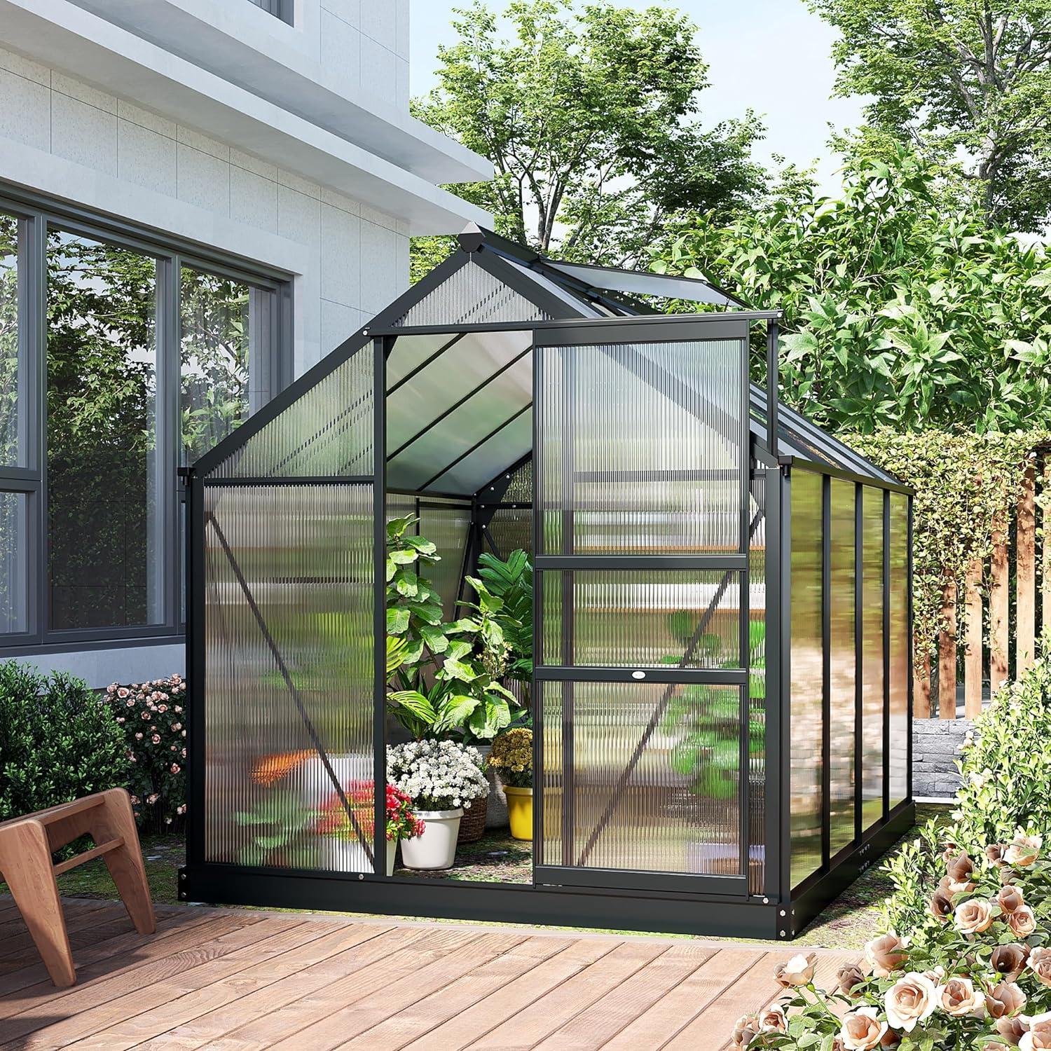 Gray Polycarbonate and Aluminum Walk-In Greenhouse with Sliding Door