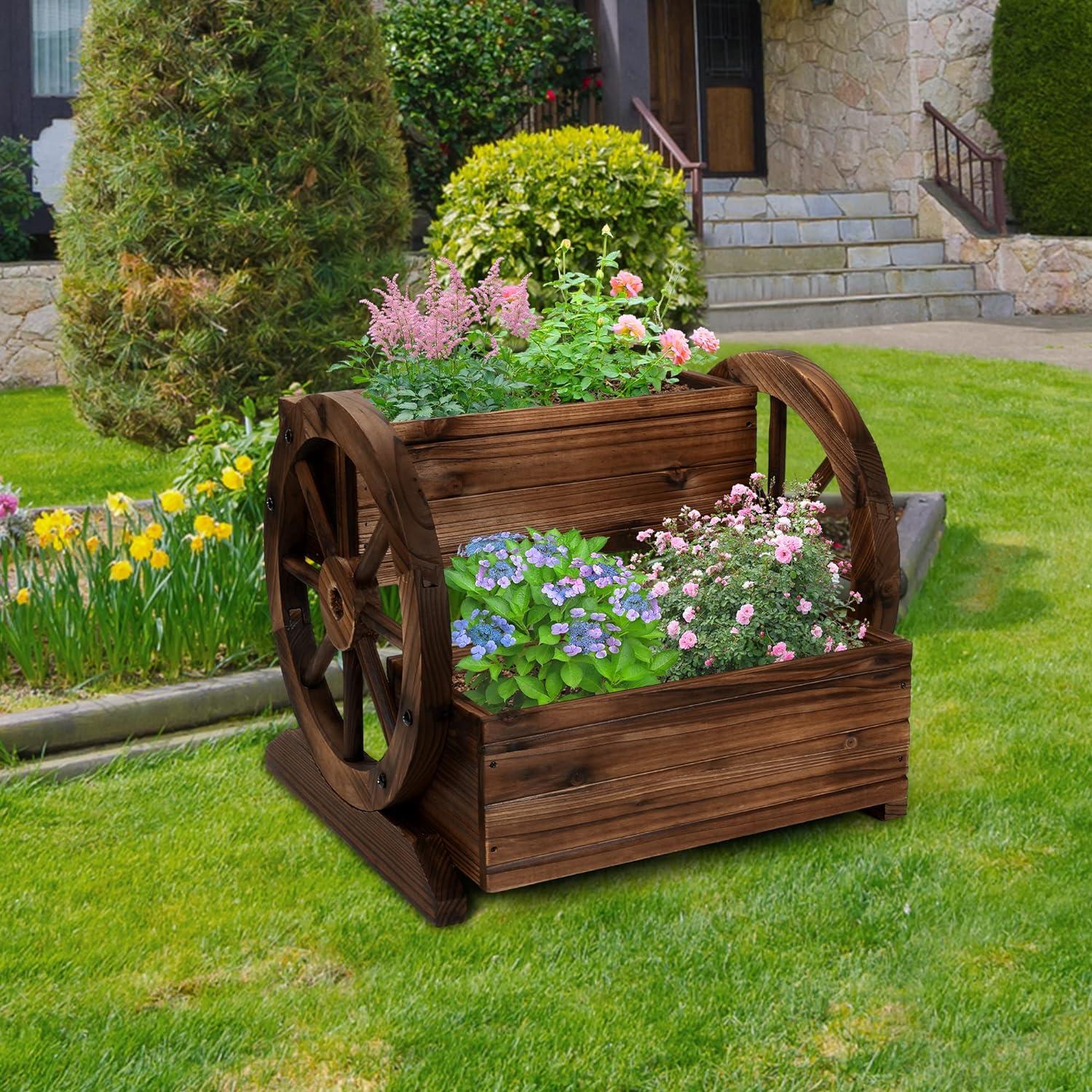 Farmhouse Décor Wooden Wagon Planter Box Outdoor 2-Tier Planter Courtyards Balconies Patios Weather-Resistant Easy Assembly & Garden Décor