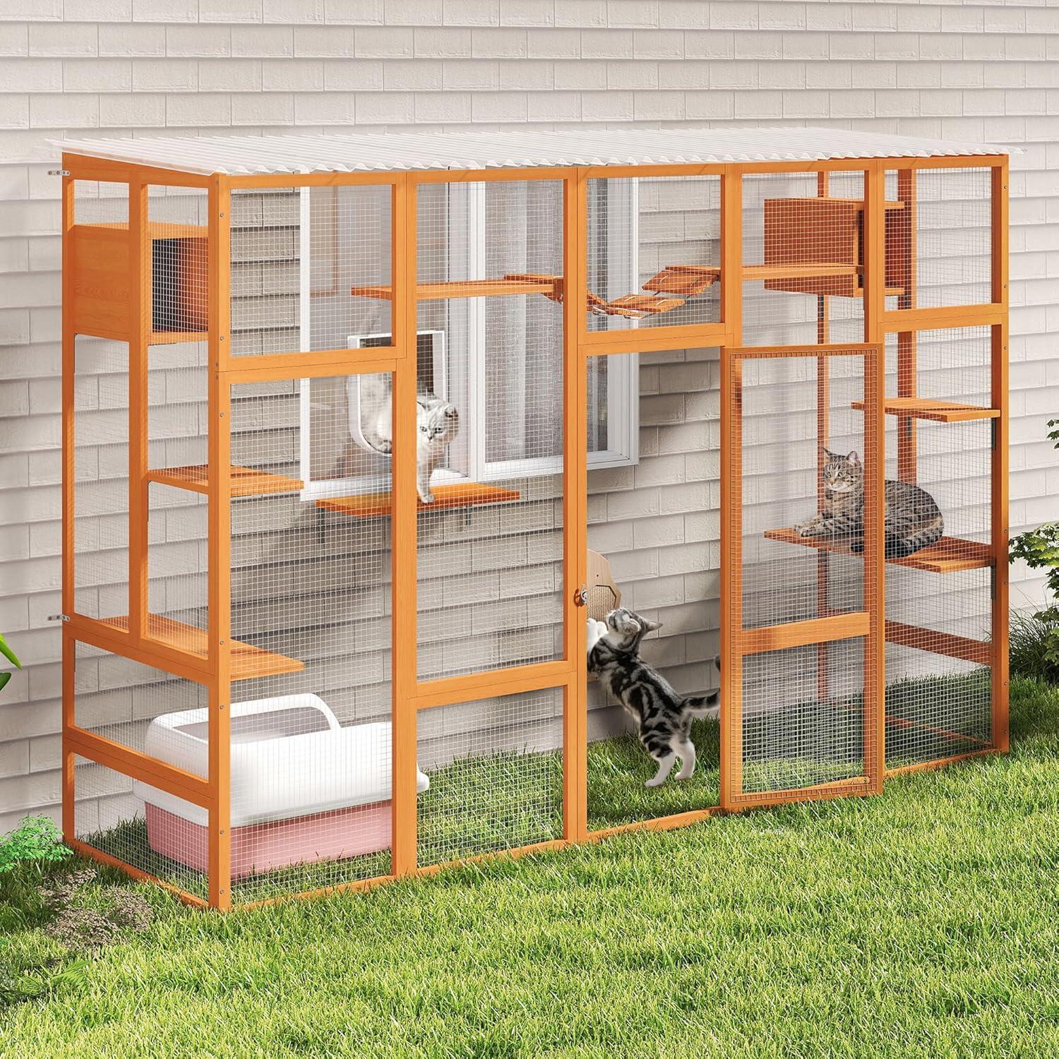 COZIWOW Outdoor Cat Enclosure, Catio Pet Safe House, 104" Extra Large Indoor Window Box with 7 Platforms, Resting Houses, and Walk-In Door, Orange