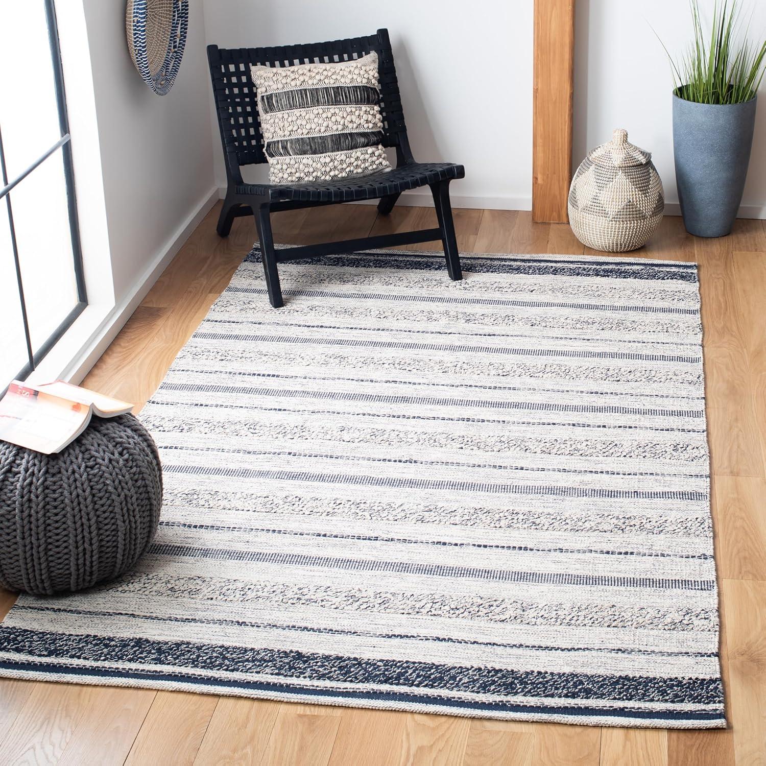 Ivory and Navy Striped Kilim 4' x 6' Wool Cotton Area Rug