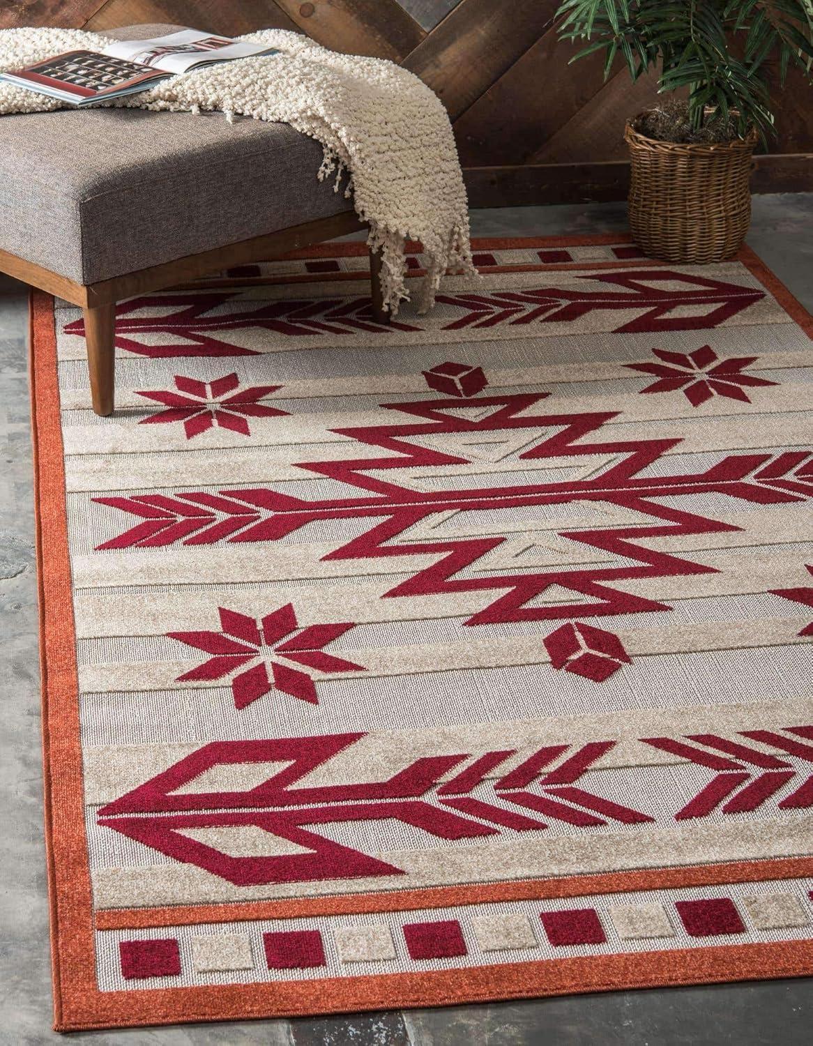 Burgundy and Beige Geometric 8' x 10' Outdoor Area Rug