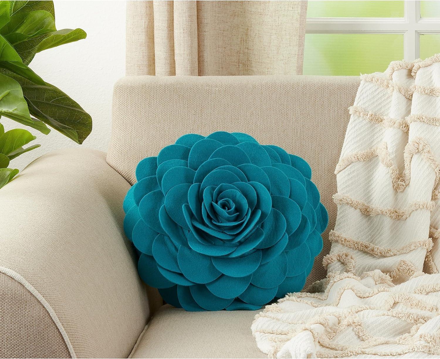 Saro Lifestyle FT095.TE16R 16 in. Rose Flower Design Poly Filled Throw Pillow, Teal