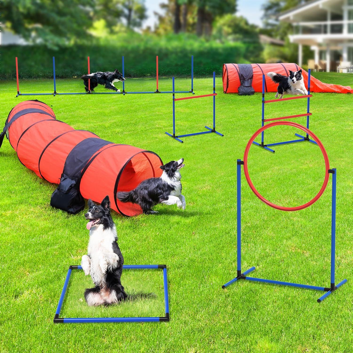Dog Agility Equipments, Includes Flirt Pole Toy, 3 Flying Discs, 2 Agility Tunnel, 3 Jumps, 6 Weave Poles, Pause Box,Agility Course Set for Backyard, Indoor, Outdoor