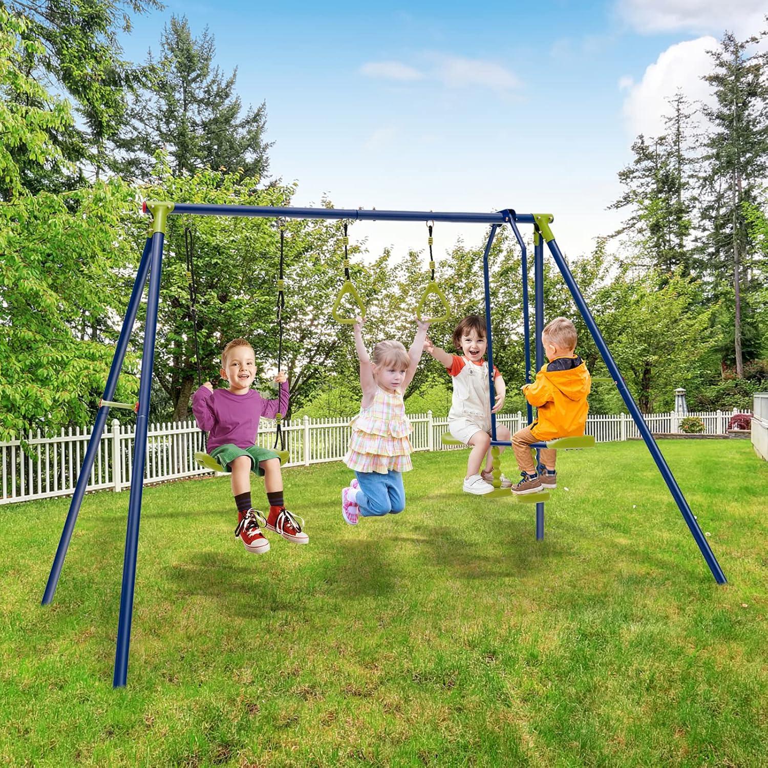 Heavy Duty 3-in-1 Metal Swing Set with Gym Rings