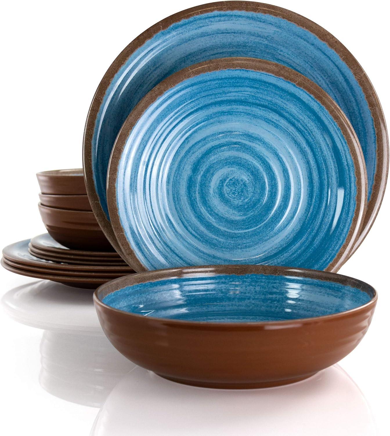 12pc Melamine Rippled Tides Dinnerware Set Blue - Elama: Solid Pattern, Service for 4, Dishwasher-Safe, Dish Set