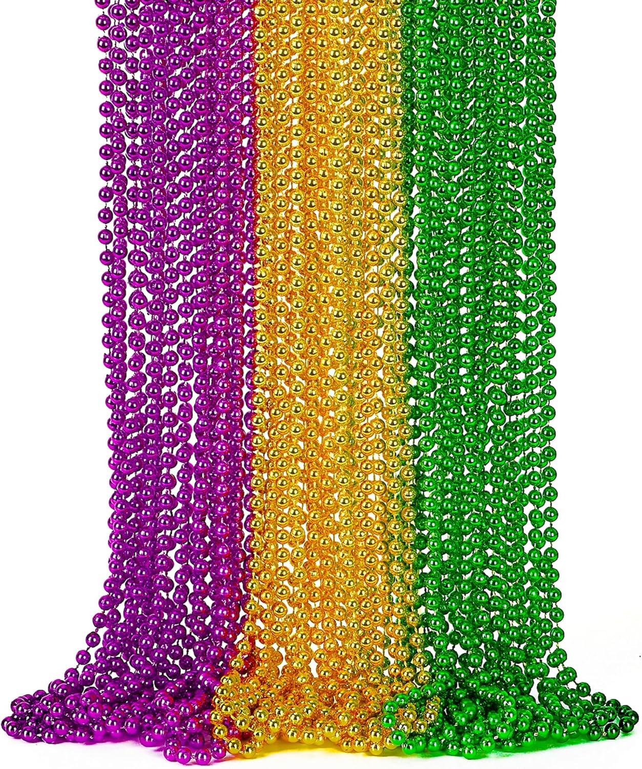 4E's Novelty 24 Pack Purple Green Gold Beads Necklaces, Mardi Gras Beads Bulk Party Supplies Festival Parade Throws Dress Up accessories