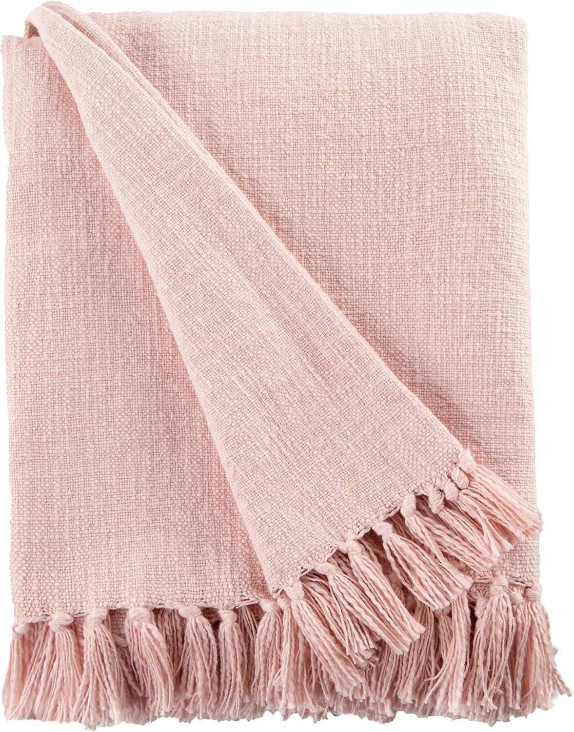 Blush Pink Cotton Slub Weave Throw Blanket with Fringe, 60x50 in