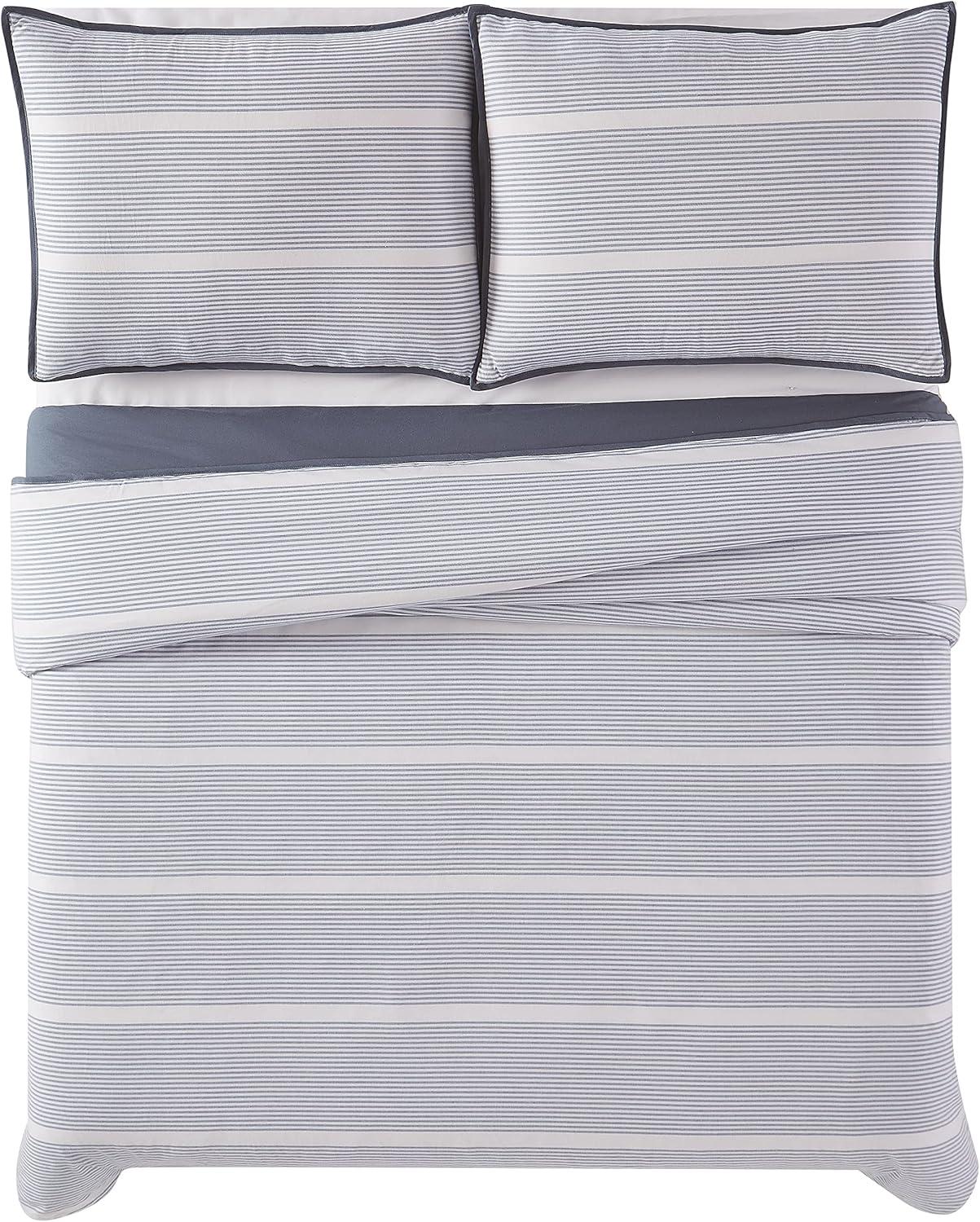 Brooklyn Loom - 3-Piece Full/Queen Duvet Cover and Sham Set - Niari Yarn Dye Stripe Cotton Collection - Blue DCS4175BLQ-1800 Queen Blue