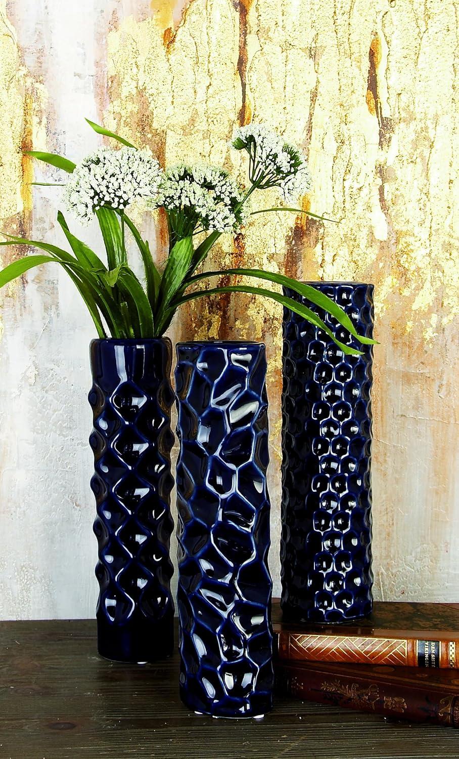 DecMode 3"W, 12"H Dark Blue Ceramic Vase with Varying Patterns, Set of 3