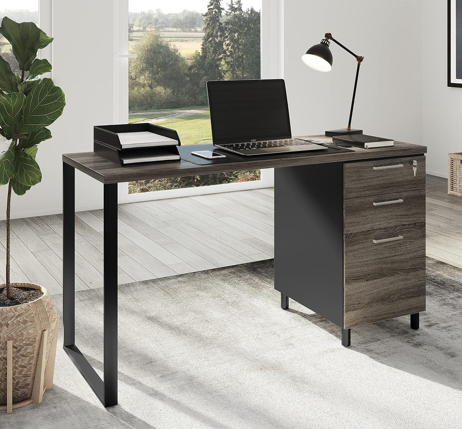 Modern Designs by Crafts and Comfort Milano Modern Home & Office Computer Desk - 47 Inch with 3 Locking Drawers - Wooden Study Writing Desk with Storage Space - Grey/Black