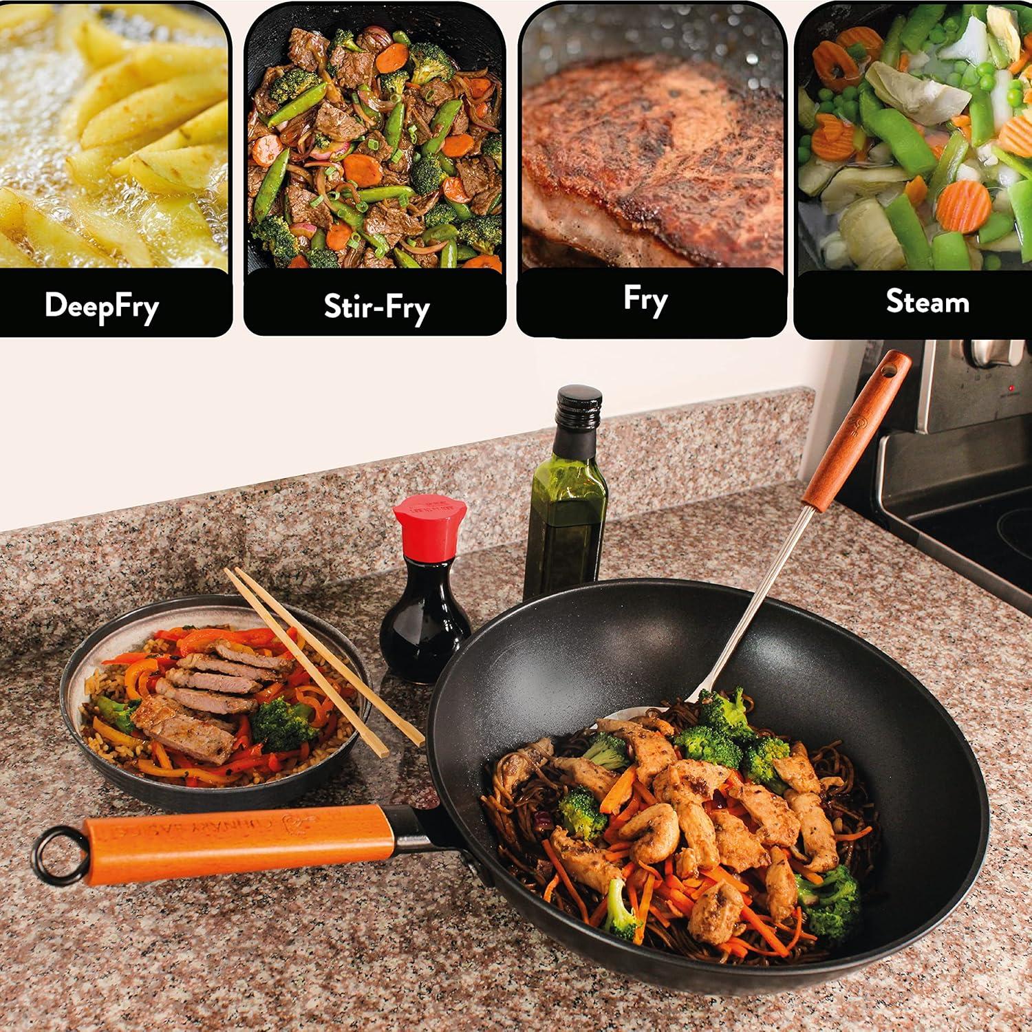 Carbon Steel Wok, 13 Inch Wok Pan with Lid and Spatula, Nonstick Woks and Stir-fry Pans, No Chemical Coated Flat Bottom Chinese Wok for Induction, Electric, Gas, All Stoves