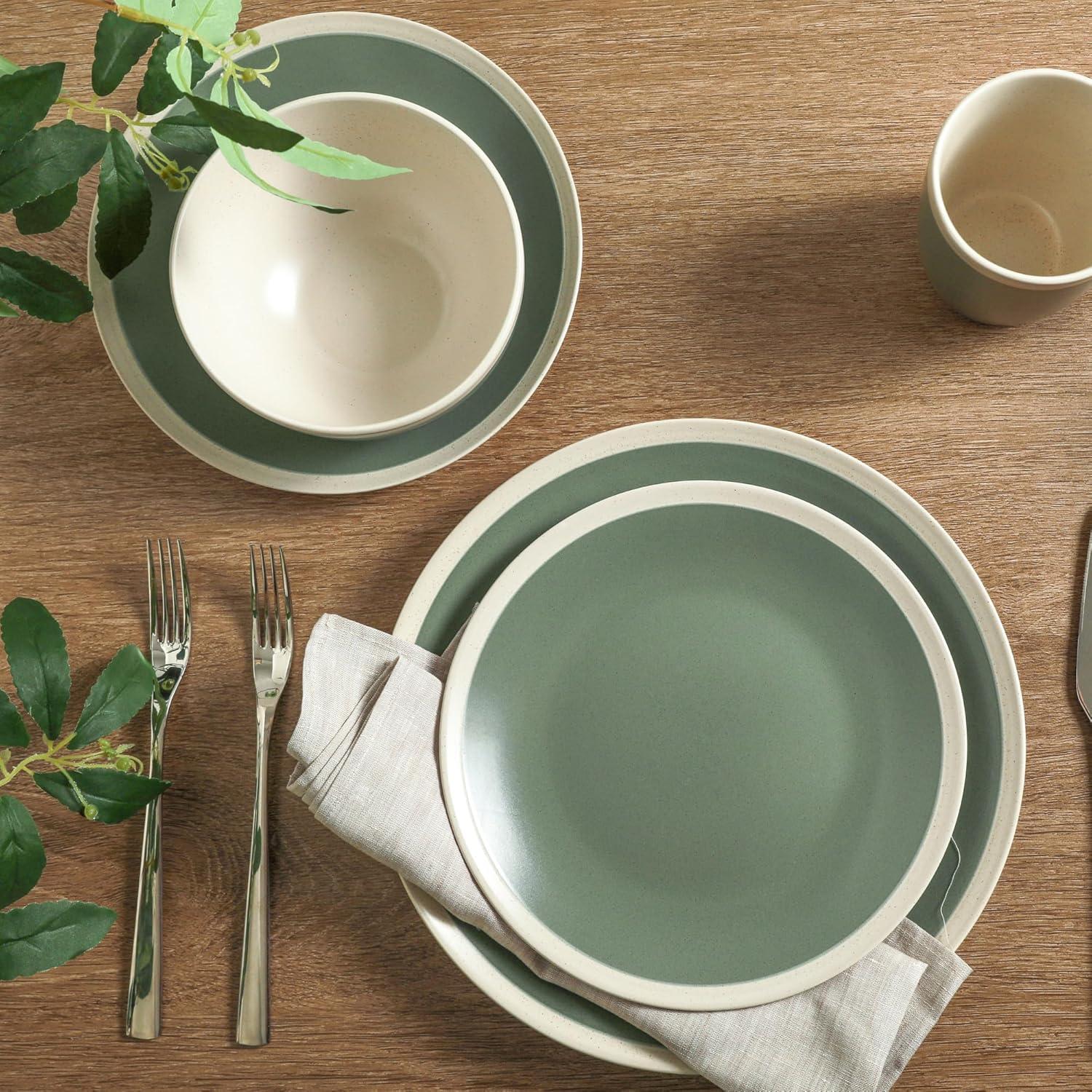 Stone Lain Serenity 16-Piece Stoneware Dinnerware Set, Service for 4, Green and Cream
