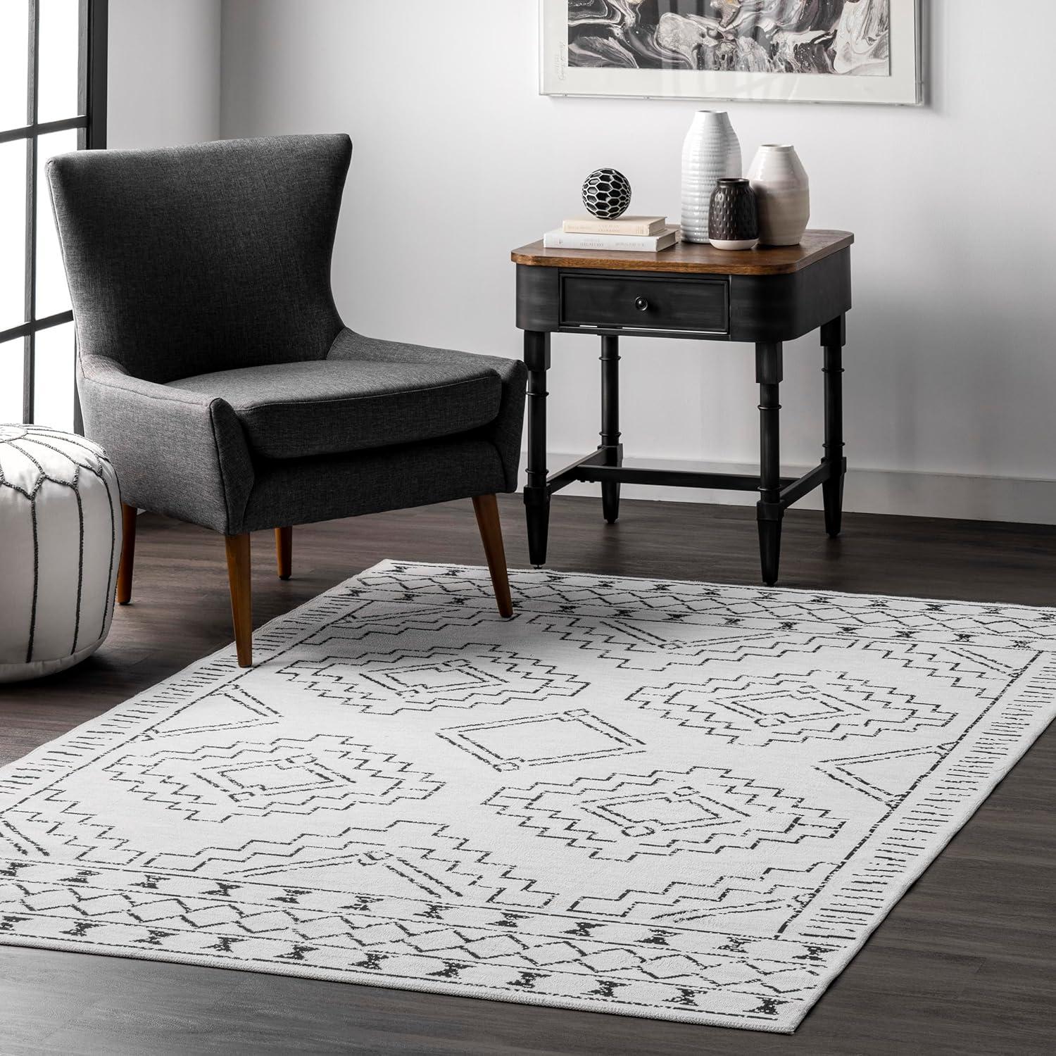 Ivory and Black Machine Washable Moroccan Area Rug