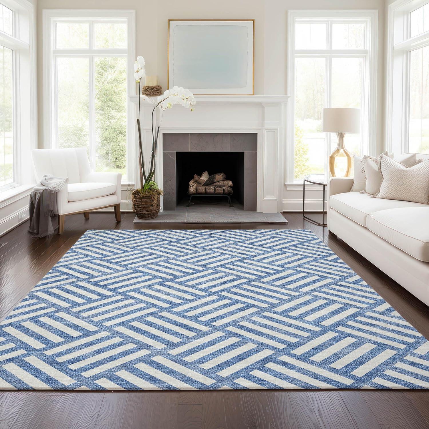 Blue Geometric Flat Woven Washable 5' x 7' Rug