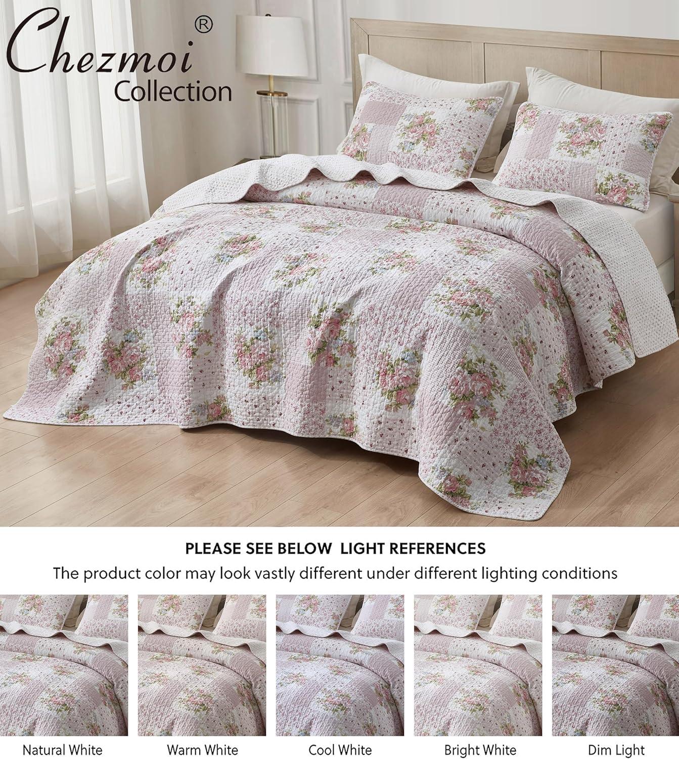 Pink Floral Patchwork Twin Reversible Cotton Quilt Set