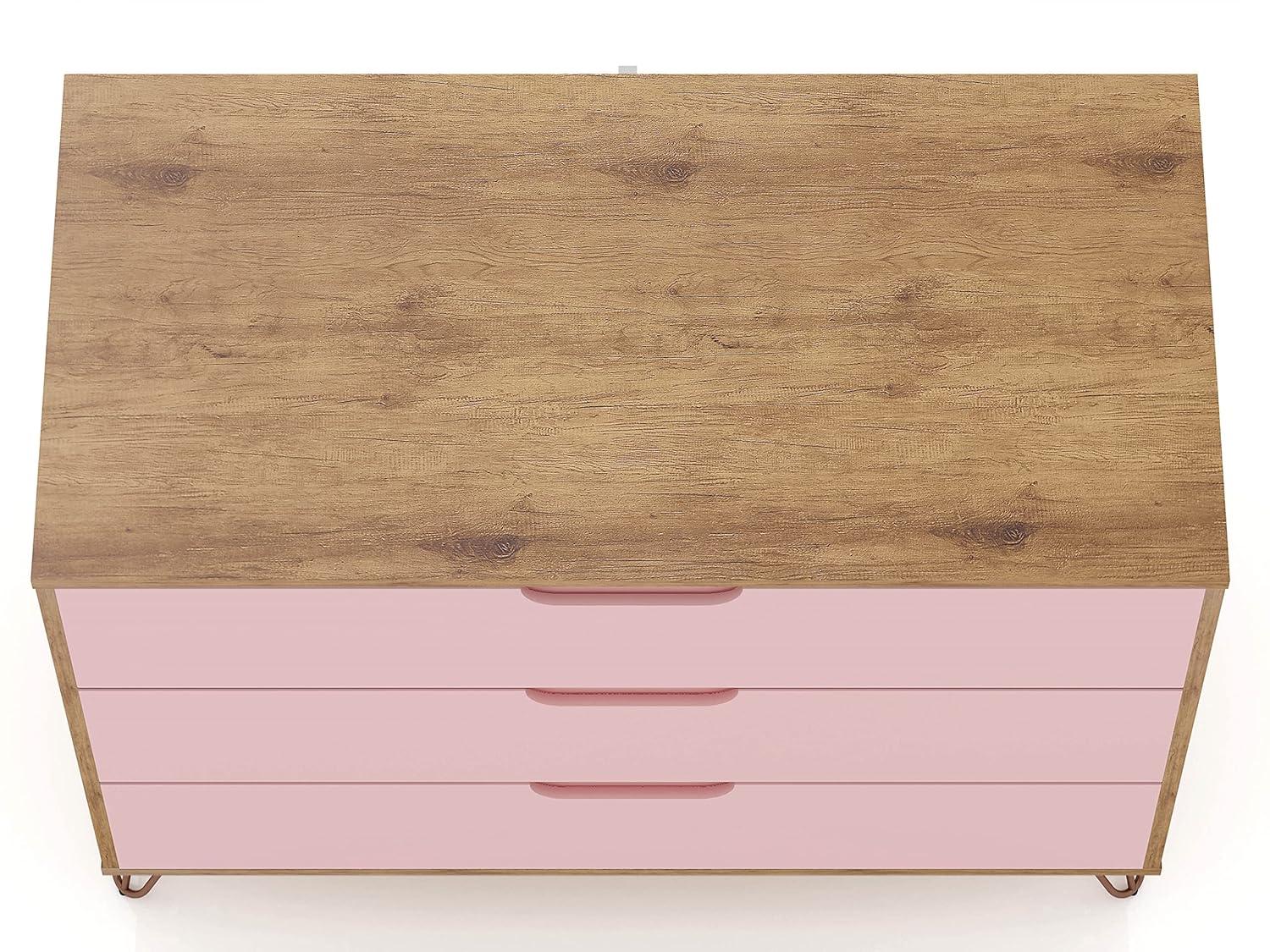 Set of 2 Rockefeller 3 Drawer Dresser Nature/Rose Pink - Manhattan Comfort: MDF Bedroom Storage, Easy-Glide, 6 Drawers