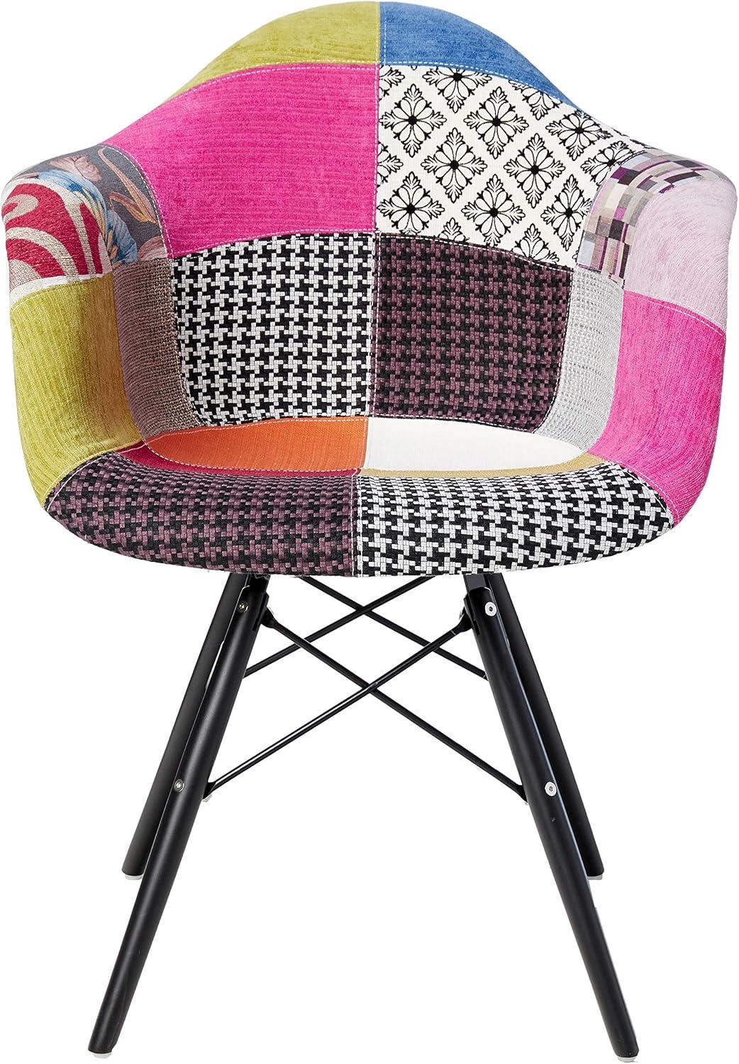 Patchwork Upholstered Dining Arm Chair with Black Wood Legs