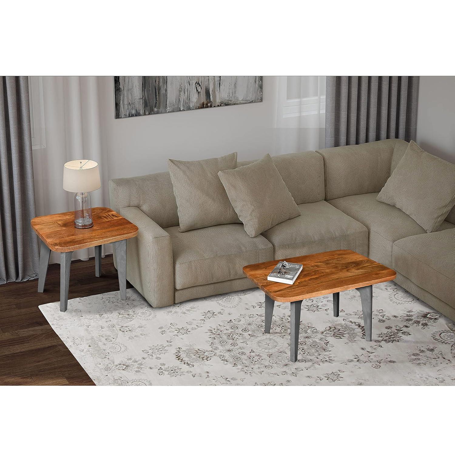 The Urban Port Wade 20-Inch Handcrafted Rectangular Side End Table, Solid Mango Wood, Inverted U Shape Legs, Natural Brown and Gray