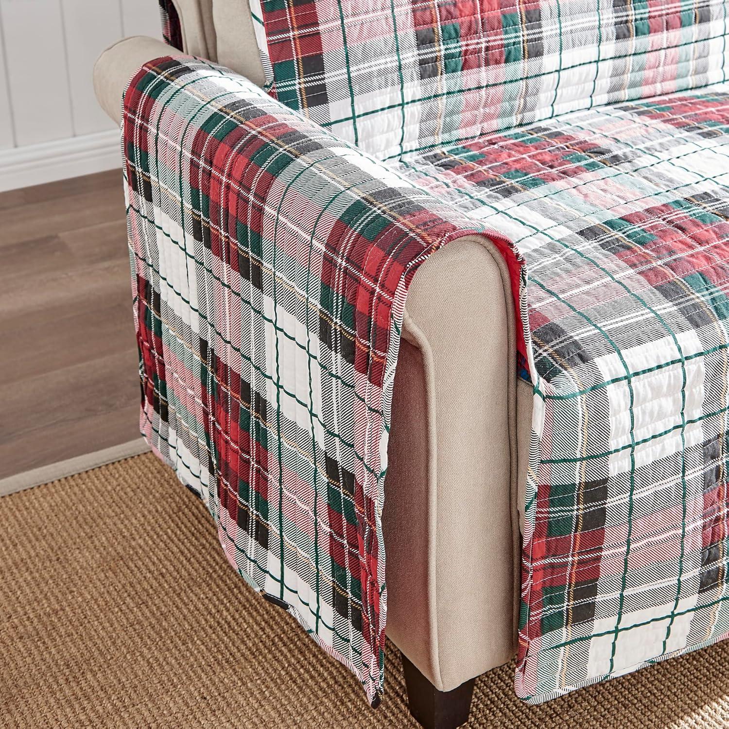 Levtex Home - Spencer Plaid Furniture Cover (Small) - 103in x 76in - Seat Up To 45in Wide- Reversible - Tartan Plaid - Red, Green, White, Blue, Gold - Cotton/Microfiber