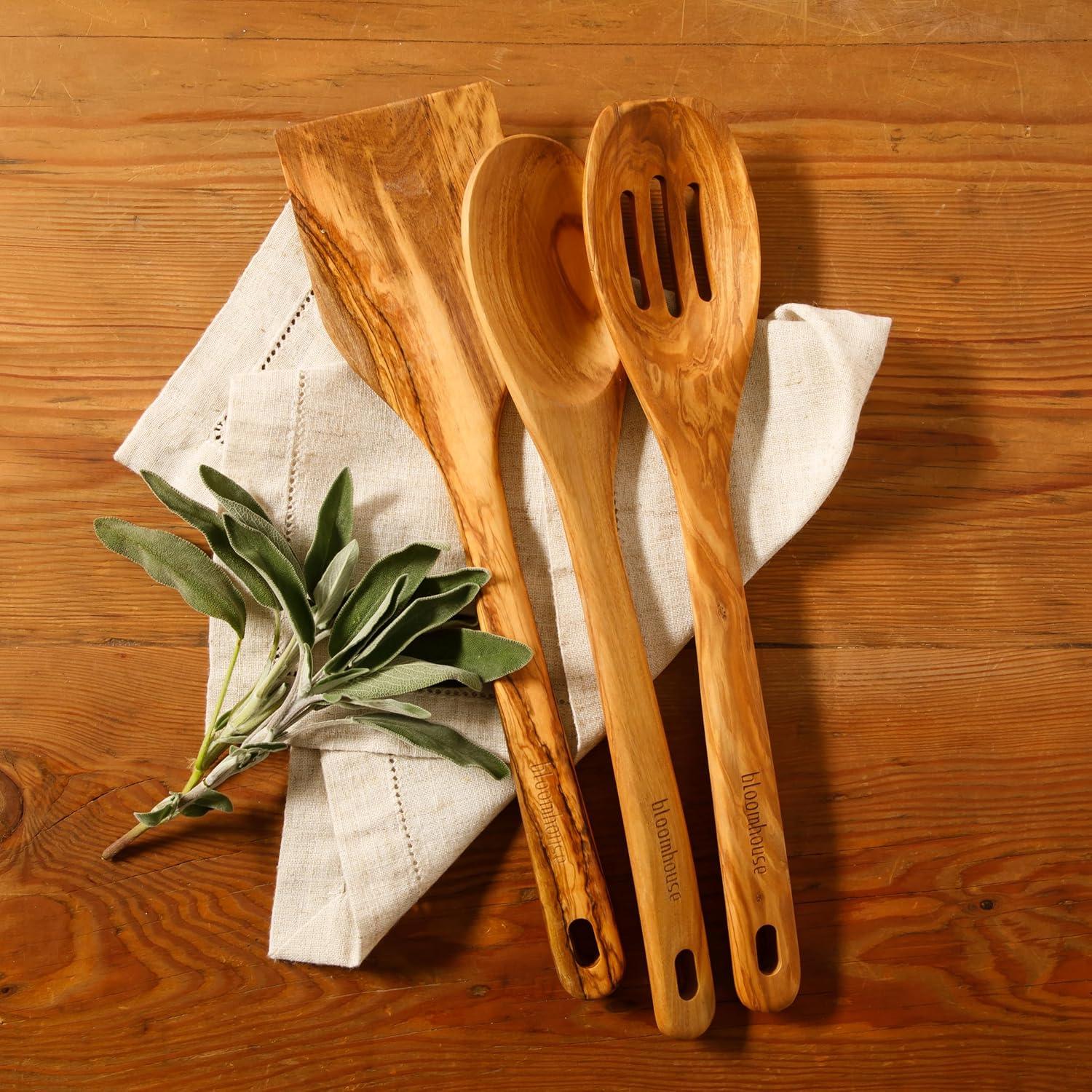 Bloomhouse Italian Olive Wood 3 Piece Extra-Large 14 Inch Turner, Spoon, and Slotted Spoon Set