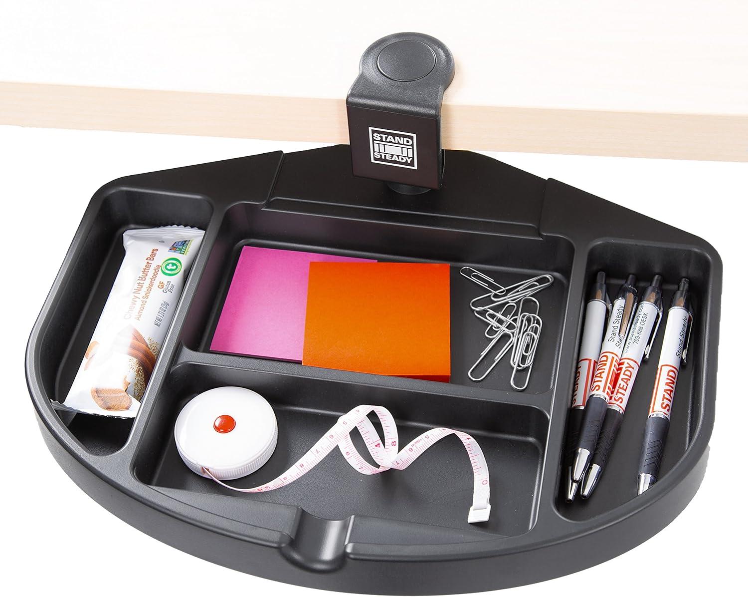 Clamp-On Desk Organizer – 13.5” Swivel Pen Tray with 4 Storage Compartments – Black – Stand Steady