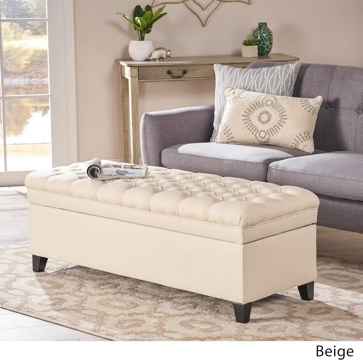 Beige Tufted Fabric Storage Ottoman with Birch Legs