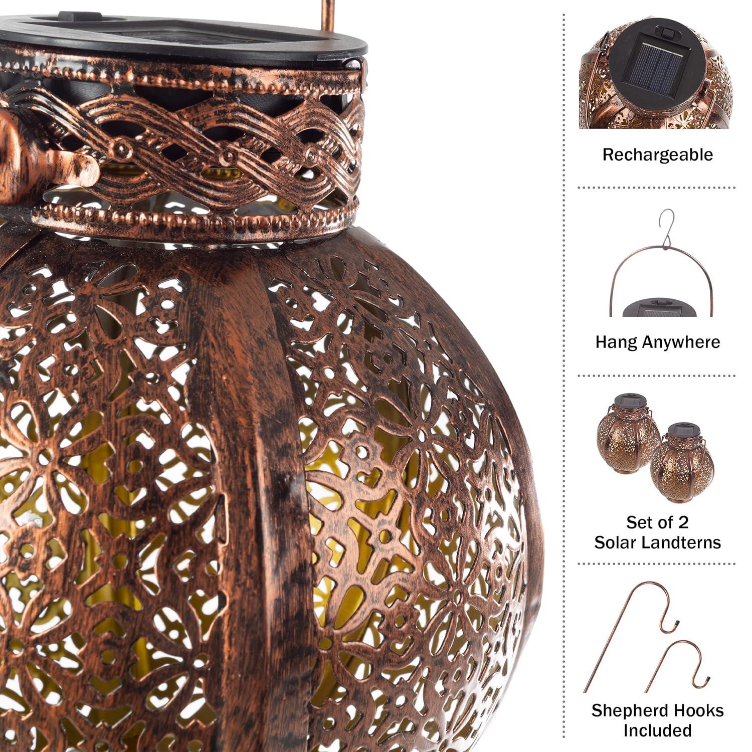 Pure Garden 2 Solar Outdoor Lights - Hanging Or Tabletop Rechargeable LED Lantern With Hooks- Outdoor Decor (Set of 2)