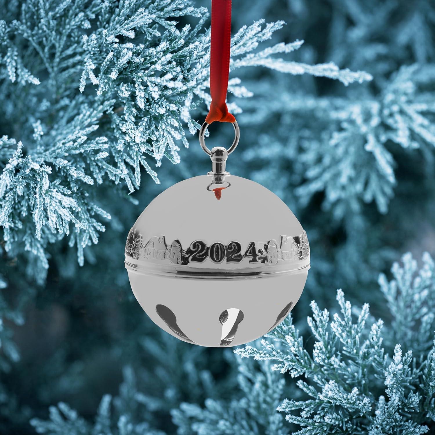 2024 Silver Plated Sleigh Bell Ornament with Red Ribbon