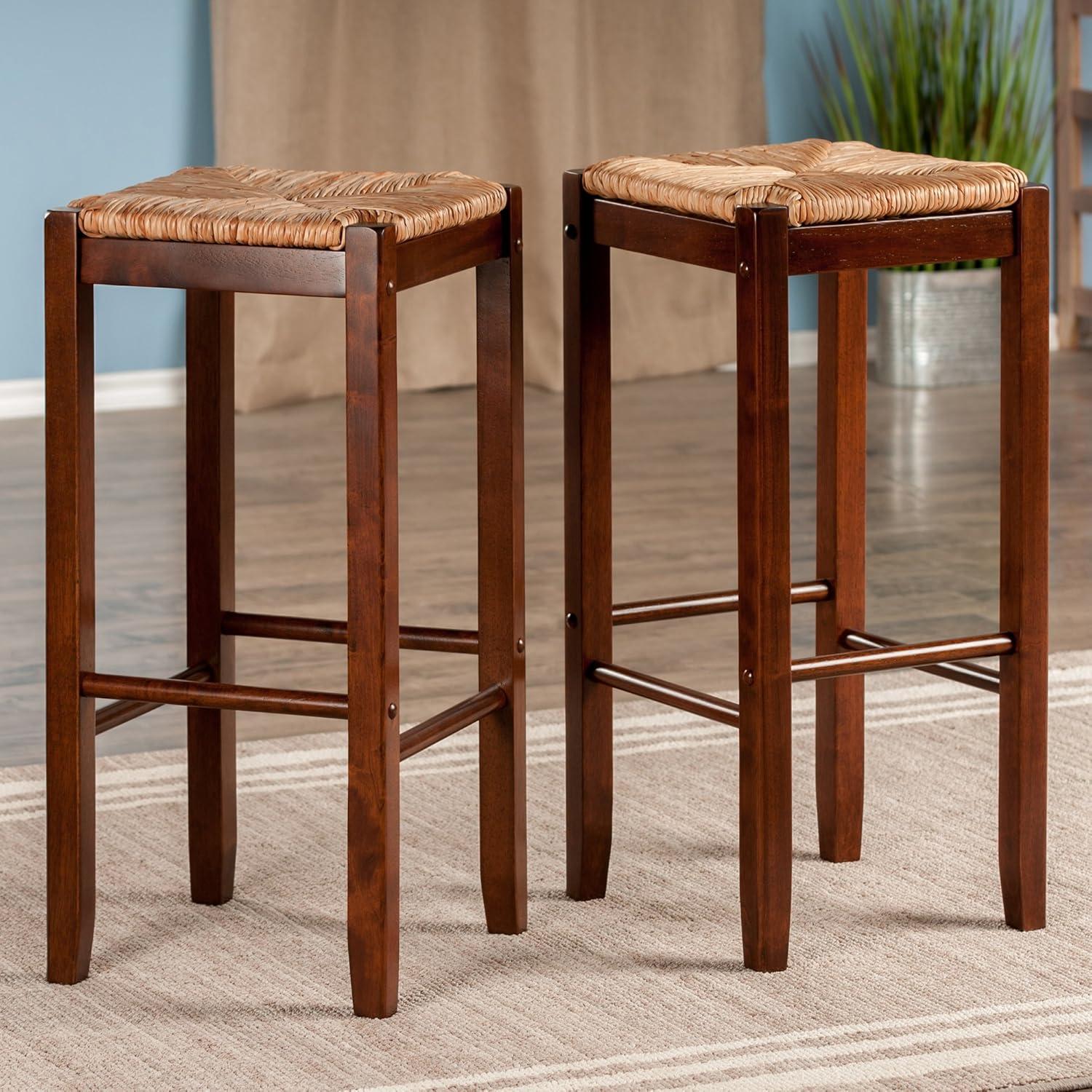 2pc Kaden Set Barstool Rush Seat Walnut - Winsome: Woven Square, Wooden Frame, Fixed Height