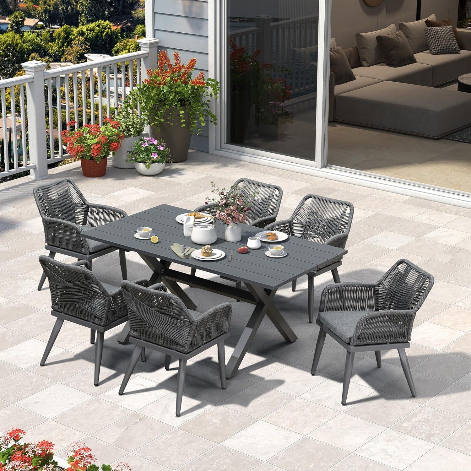 PURPLE LEAF 7 Pieces Outdoor Dining Set All-Weather PE Rattan Outdoor Patio Furniture Set with All Aluminum Frame Rectangular Table and Chairs Set for Lawn Garden Backyard Deck, Grey