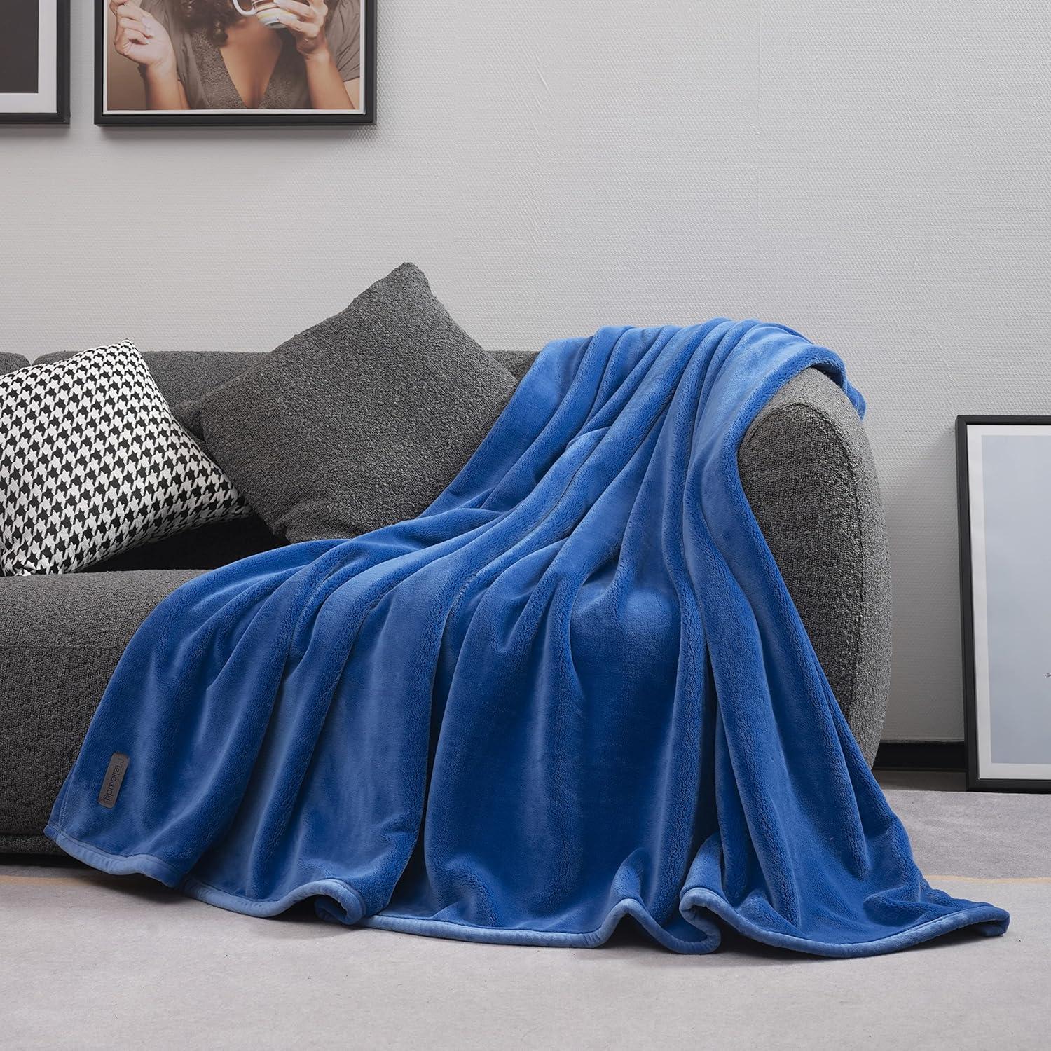 Sapphire Blue Twin Plush Flannel Blanket with Velvety Binding