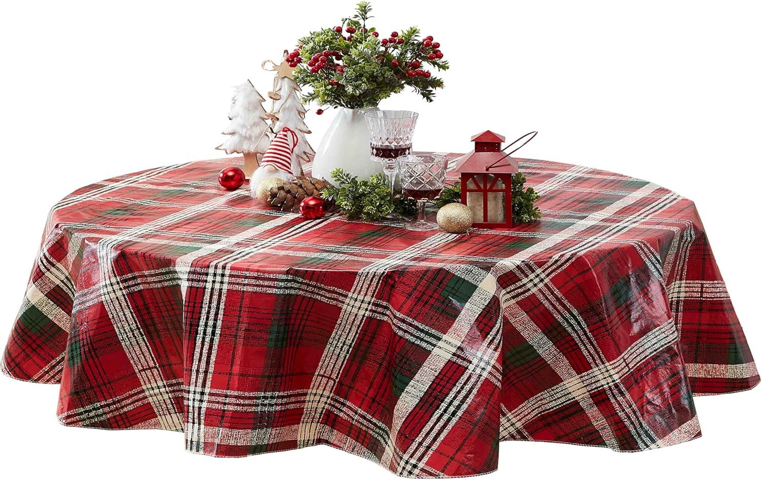 Oval Red and Green Plaid Vinyl Holiday Tablecloth, 60" x 84"