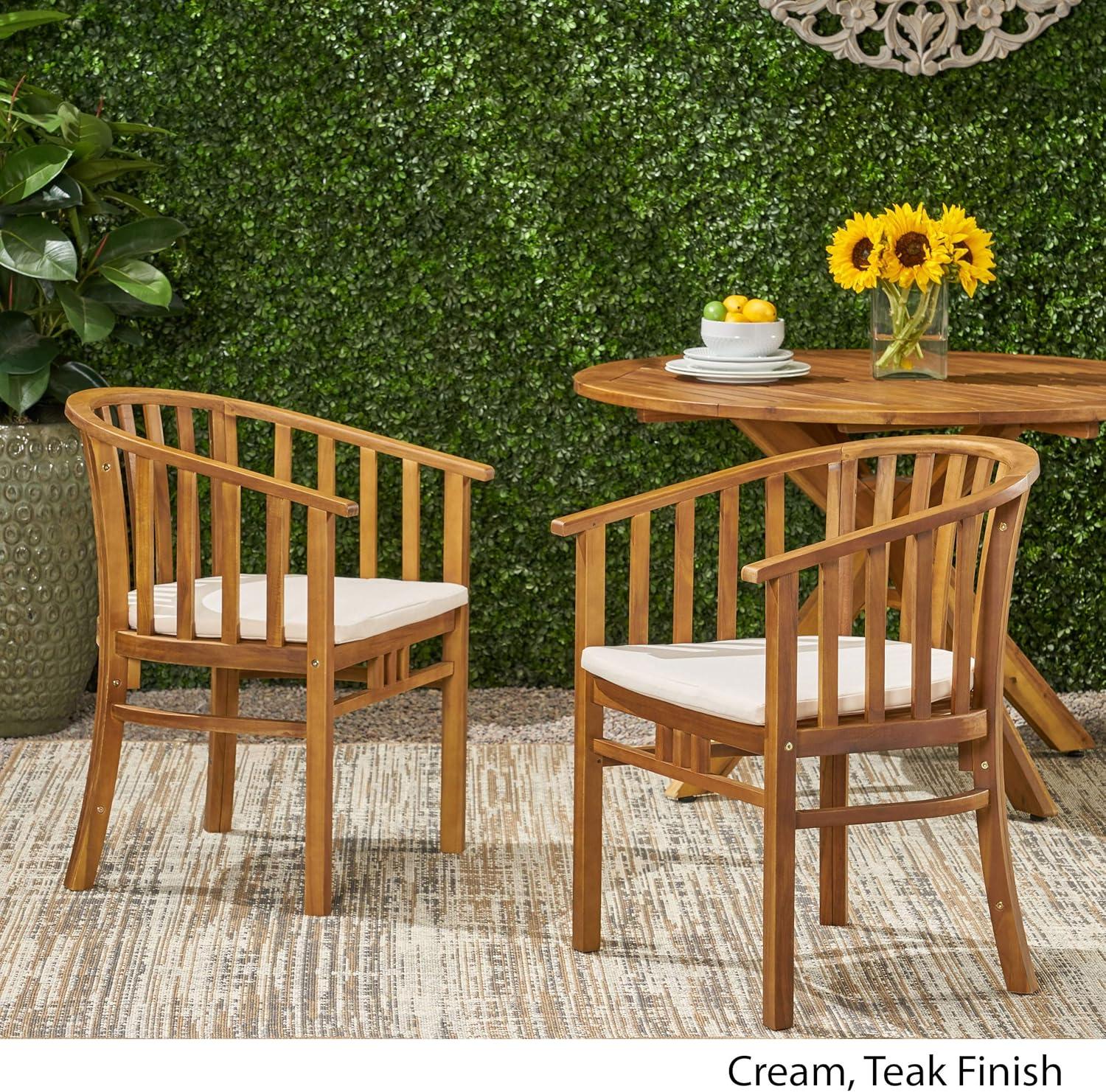 GDFStudio Rosin Outdoor Acacia Wood Dining Chairs with Cushion (Set of 2), Cream/Teak
