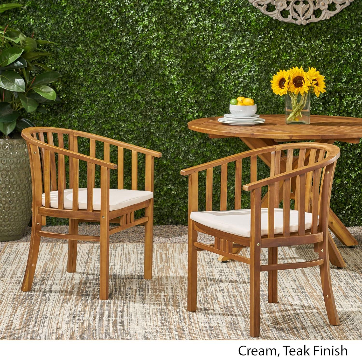 GDFStudio Rosin Outdoor Acacia Wood Dining Chairs with Cushion (Set of 2), Cream/Teak