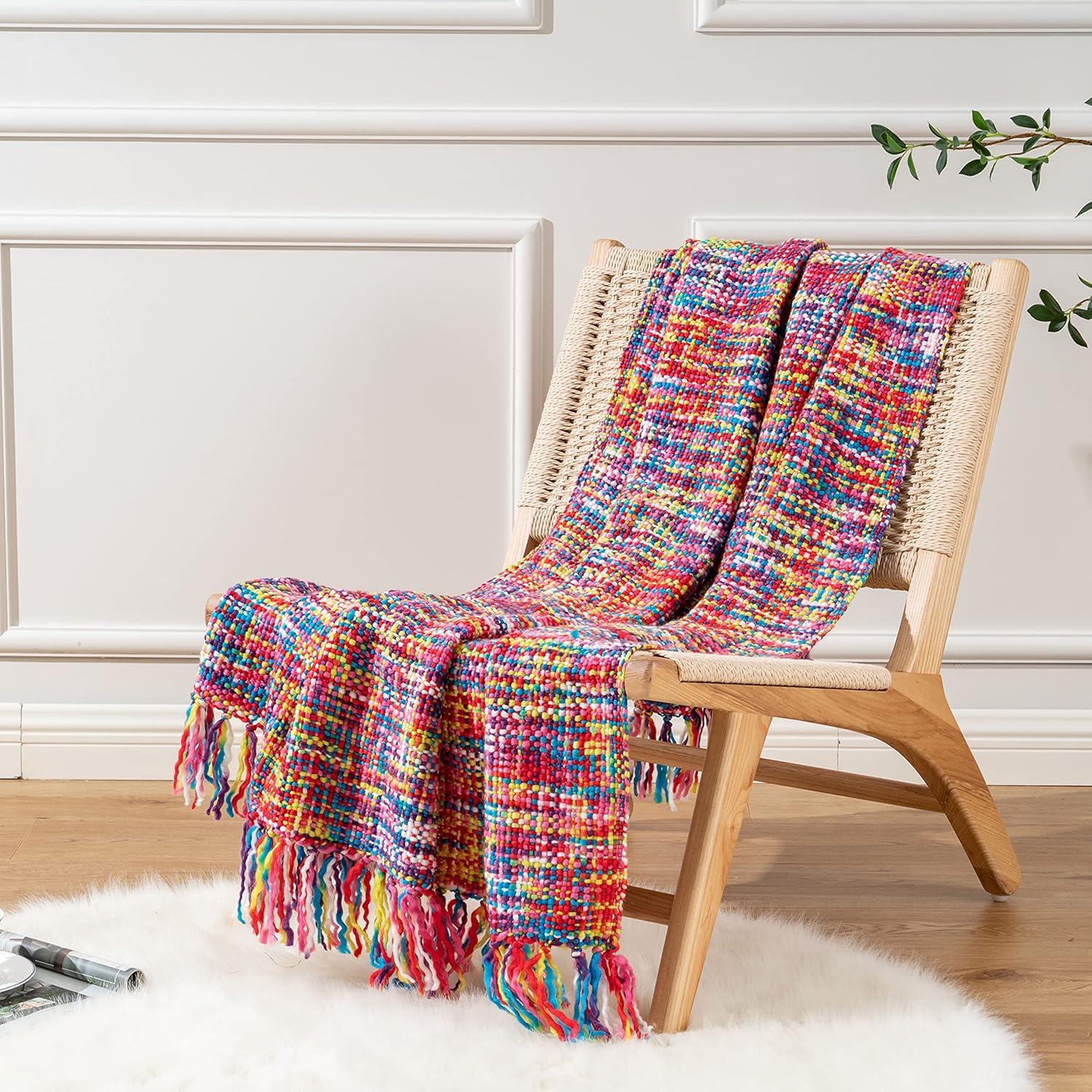 Brick Red Knitted Acrylic Throw Blanket with Fringes, 50"x60"