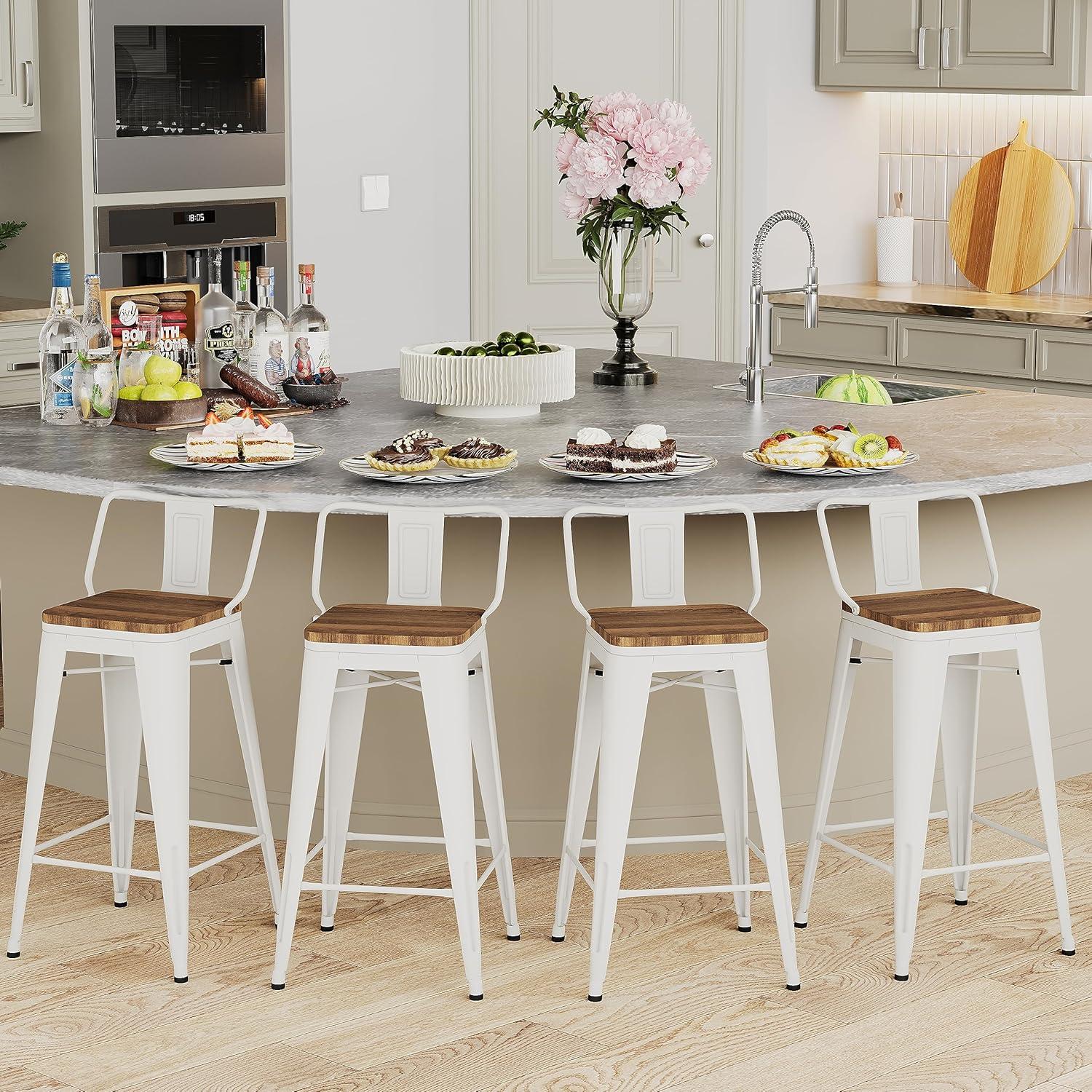 Cream White and Wood Saddle Style Swivel Bar Stools