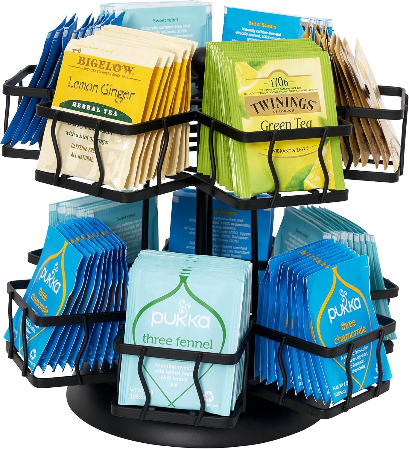 NHZ Tea Bag Organizer - Spinning Carousel Holder With 12 Compartments, Up to 140 Tea Bags Storage, Black Powder Coated Stainless Steel