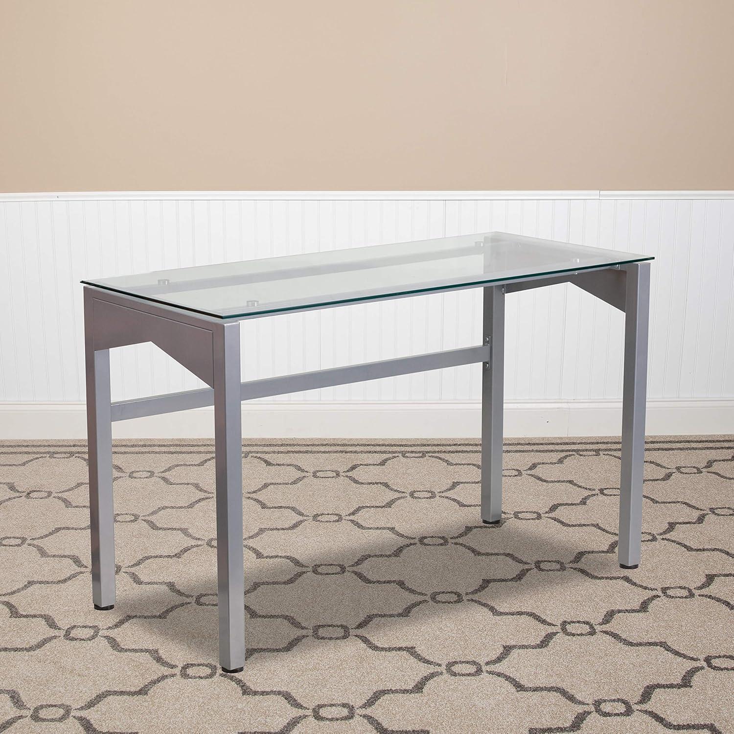 Sleek Gray Tempered Glass Desk with Geometric Drawer