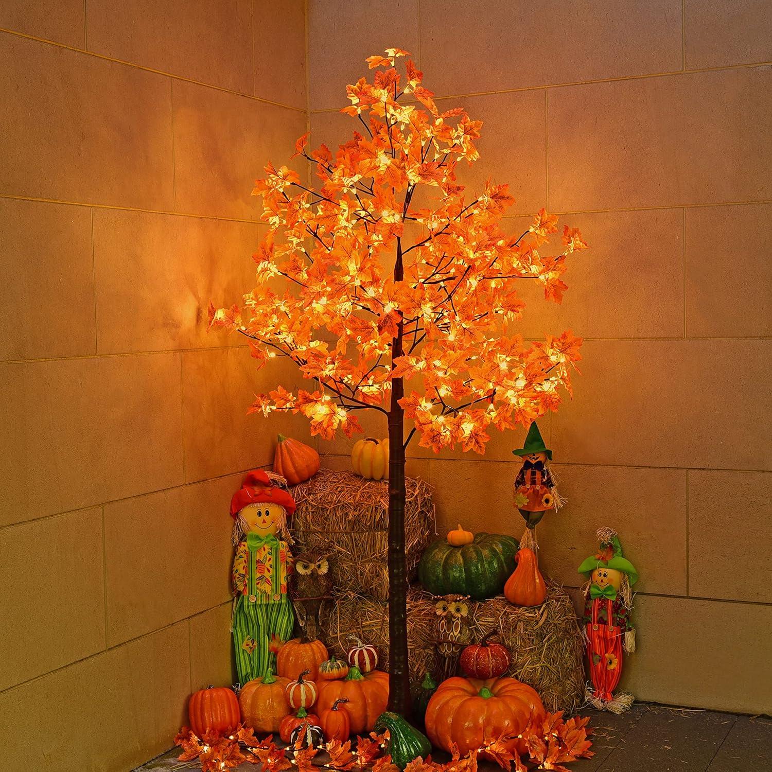 7-Foot White LED Lighted Maple Tree with Orange Leaves