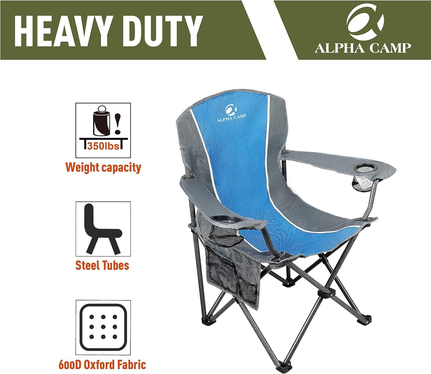 Oversized Camping Folding Chair Padded Arm Chair with Cup Holder Blue Grey