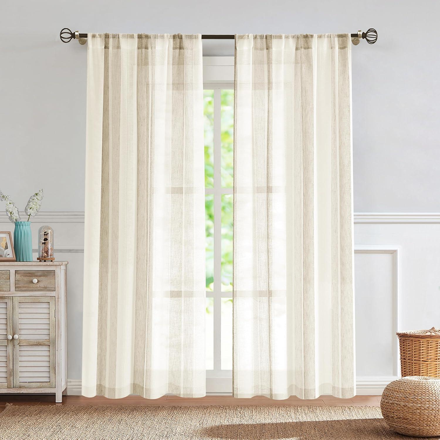 Beige and White Stripe Sheer Farmhouse Curtains Boucle Linen Window Curtain Drape Yarn Dyed Woven 84 Inches Long for Living Room Bedroom Rod Pocket Panels, 40" W x 84" L (Pack of 2)