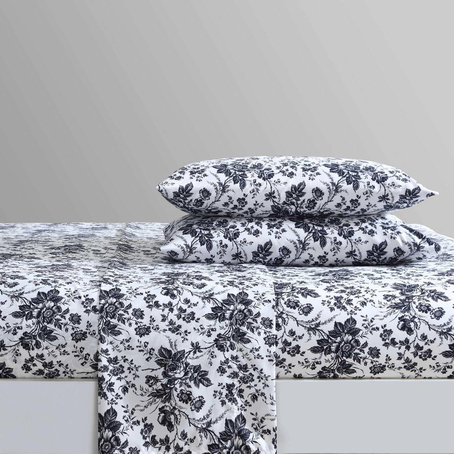 Black and White Floral Twin Microfiber Sheet Set