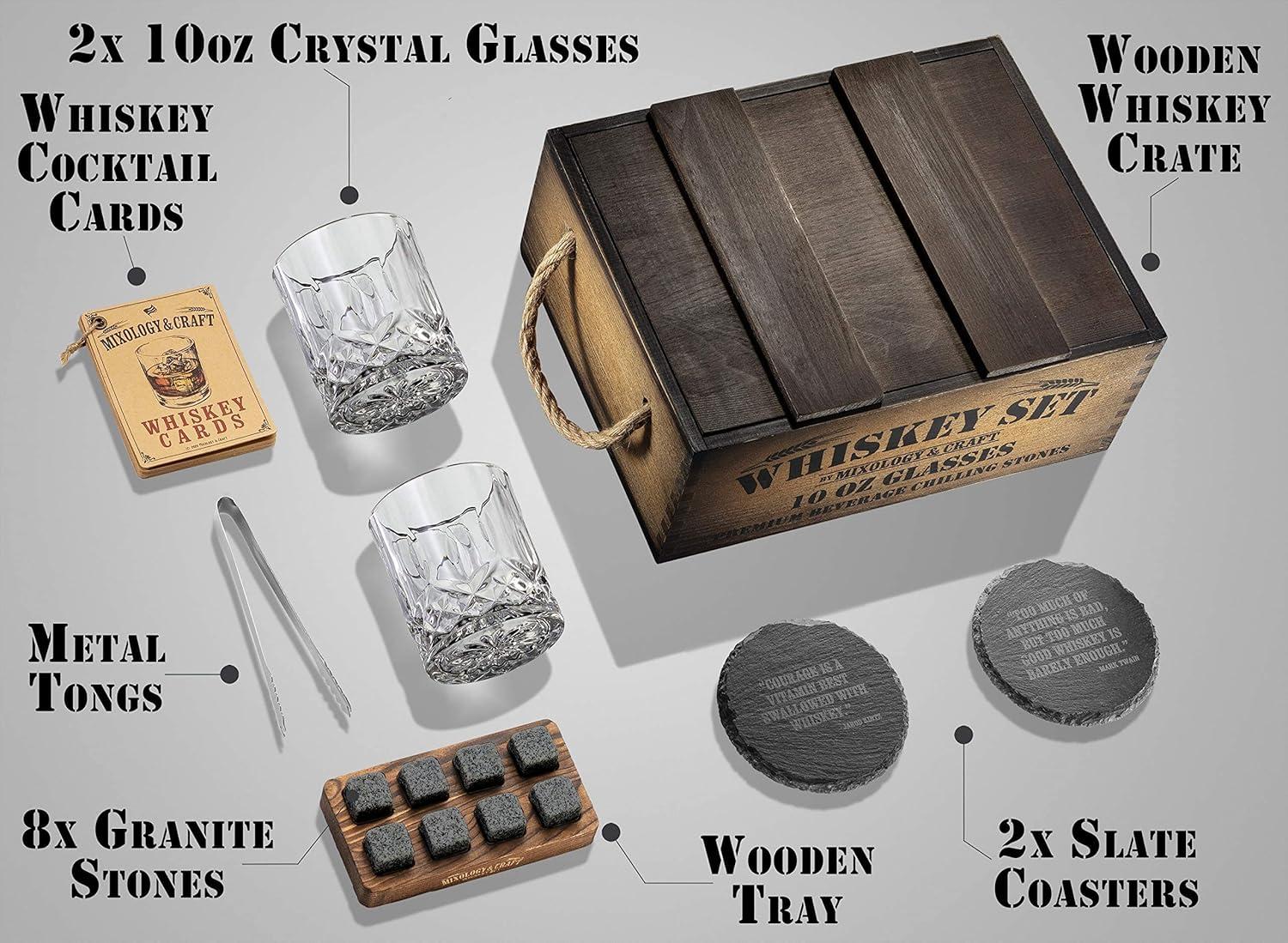 Rustic Wooden Whiskey Gift Set with Granite Stones and Crystal Glasses