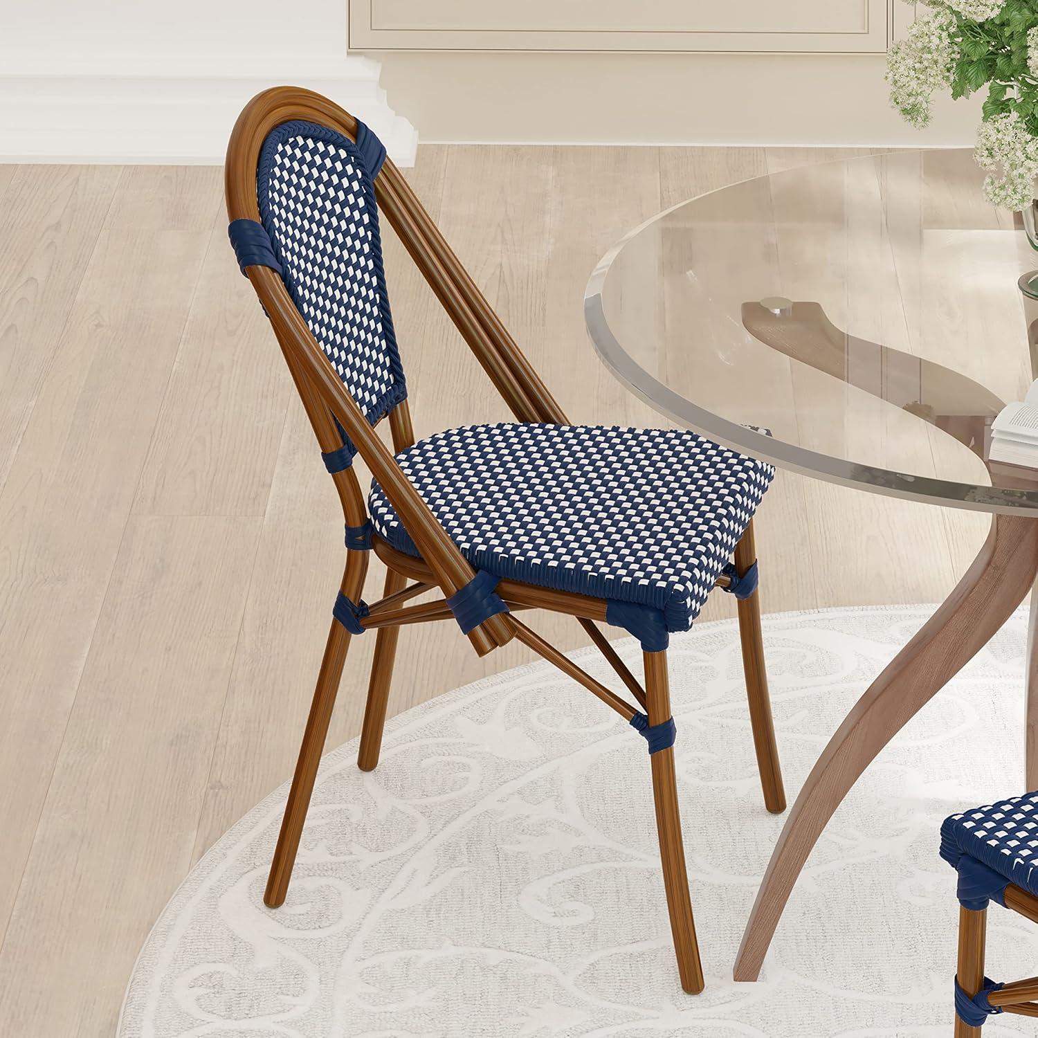 Emma & Oliver Soie Set of Two Stacking Bistro Chairs with Navy and White PE Seat and Back and Bamboo Finished Aluminum Frame for Indoor/Outdoor Use