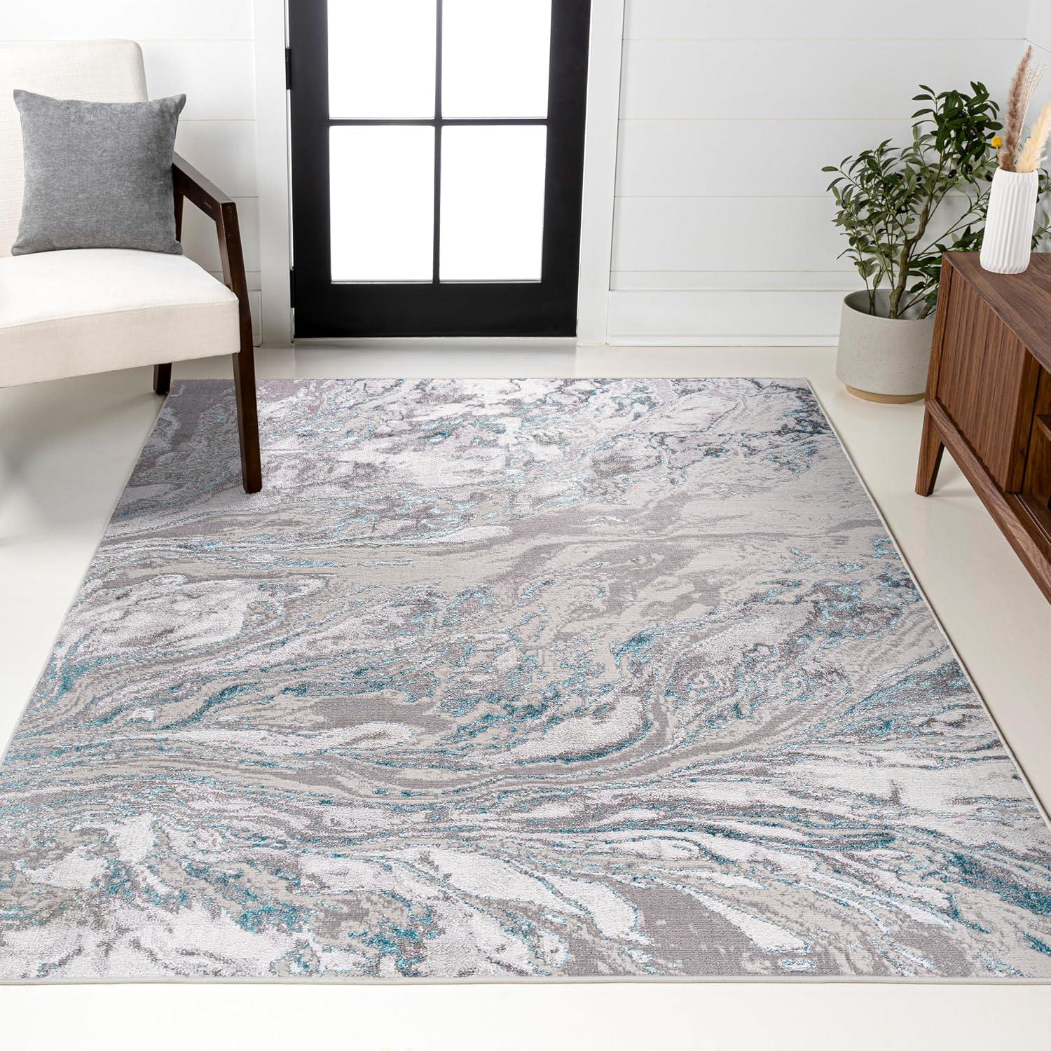 4'x6' Swirl Marbled Abstract Area Rug, Gray/Turquoise - JONATHAN Y